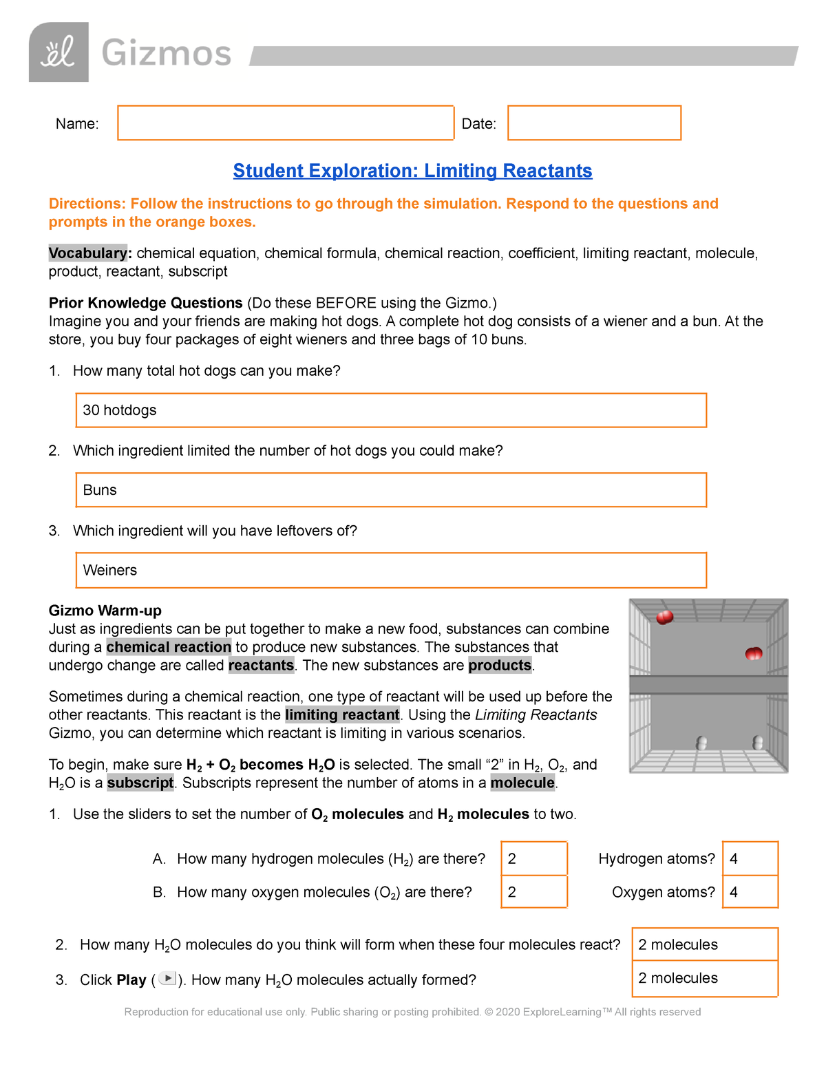 Limiting Reactants Gizmo Assignment Answer Key Name Date Student Exploration Limiting 