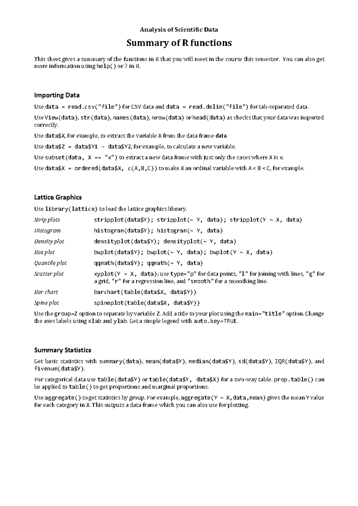 R-Summary - r summary - Analysis of Scientific Data Summary of R ...