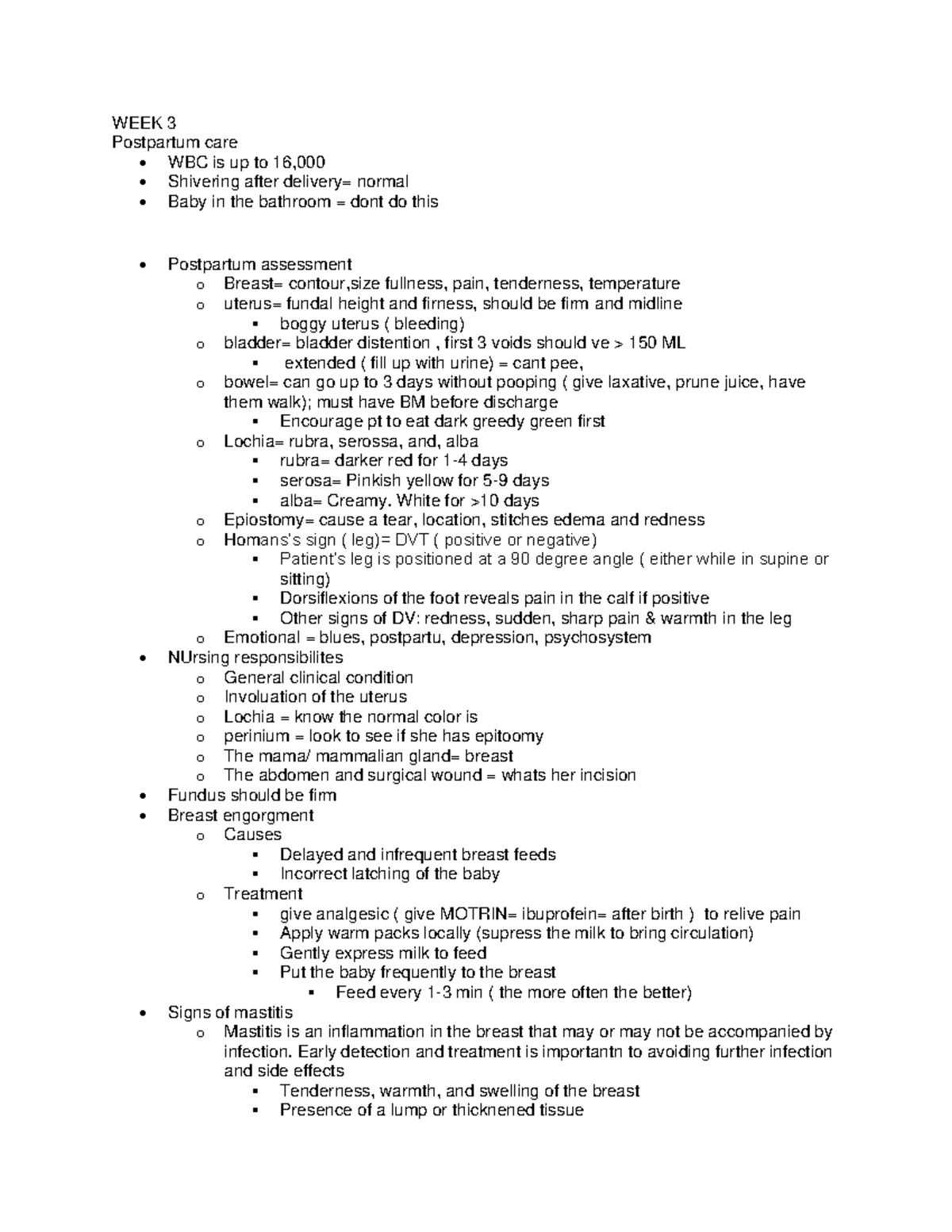 WEEK 3 - OB class - WEEK 3 Postpartum care • WBC is up to 16 ...