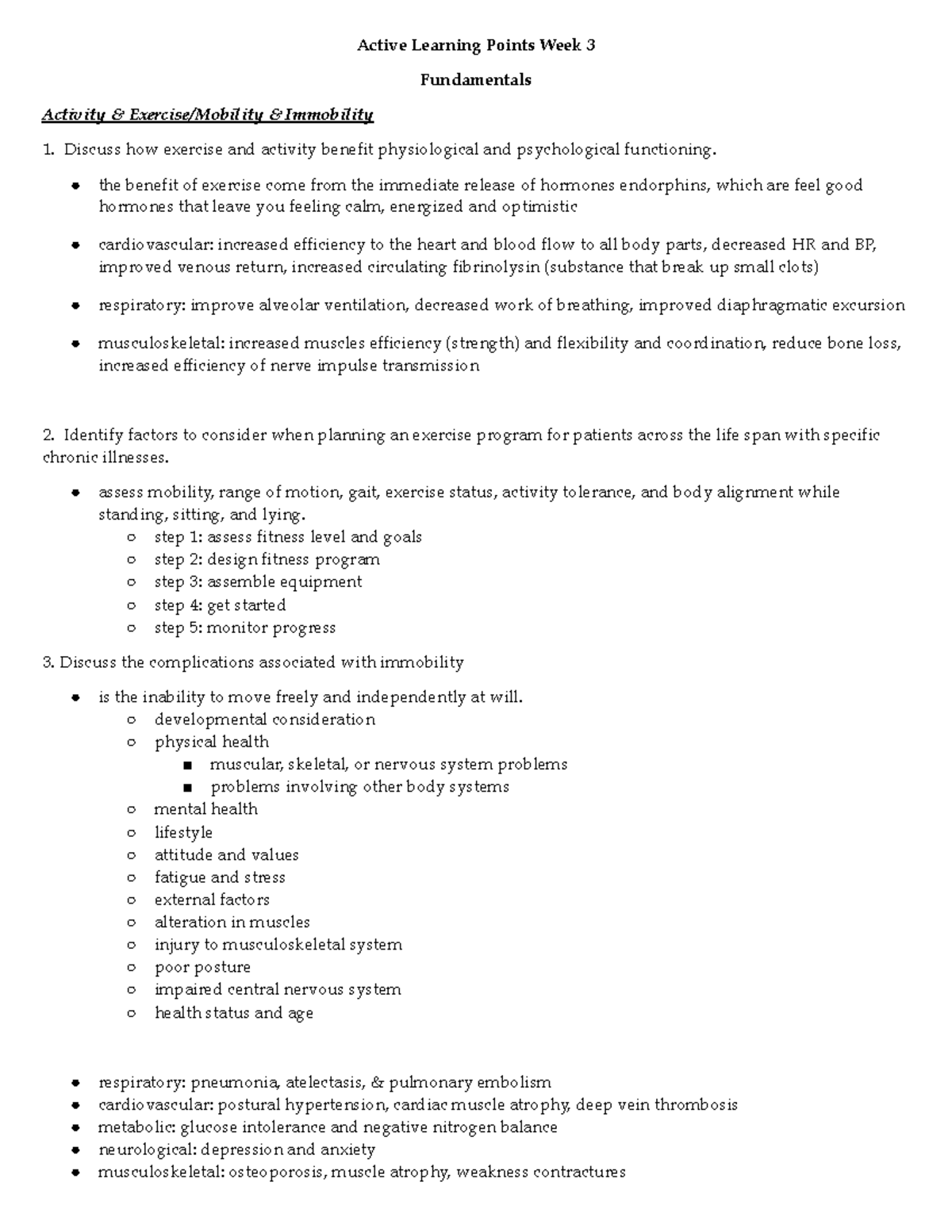 Active Learning Points Week 3 the benefit of exercise come from the