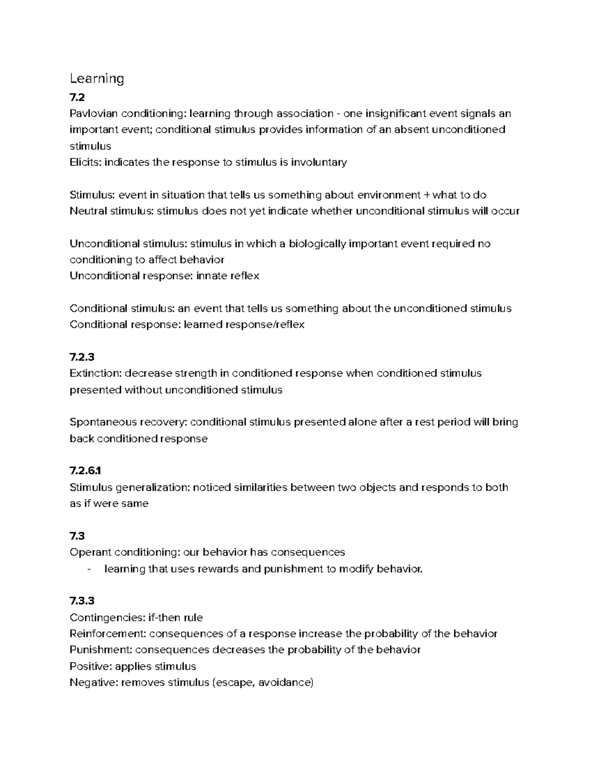 Psych notes (7, 8, 11) - Learning 7. Pavlovian conditioning: learning ...