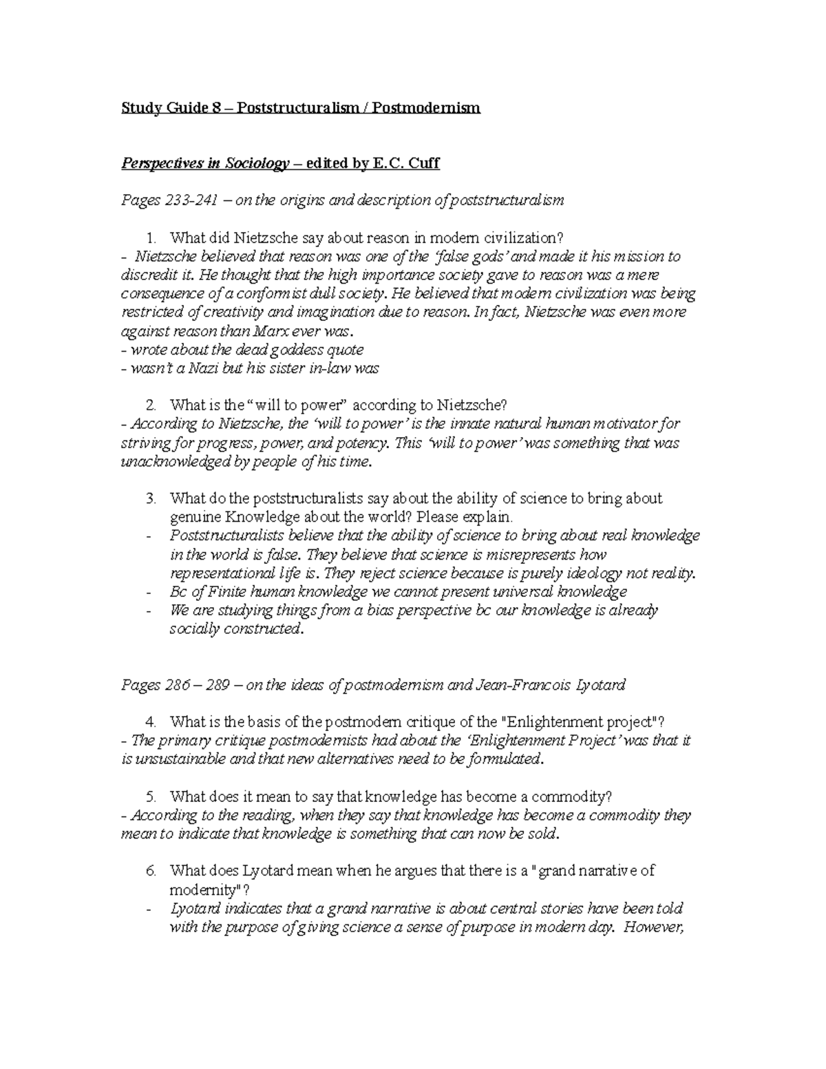 Post Mod Study Guide theory Study Guide 8 Poststructuralism