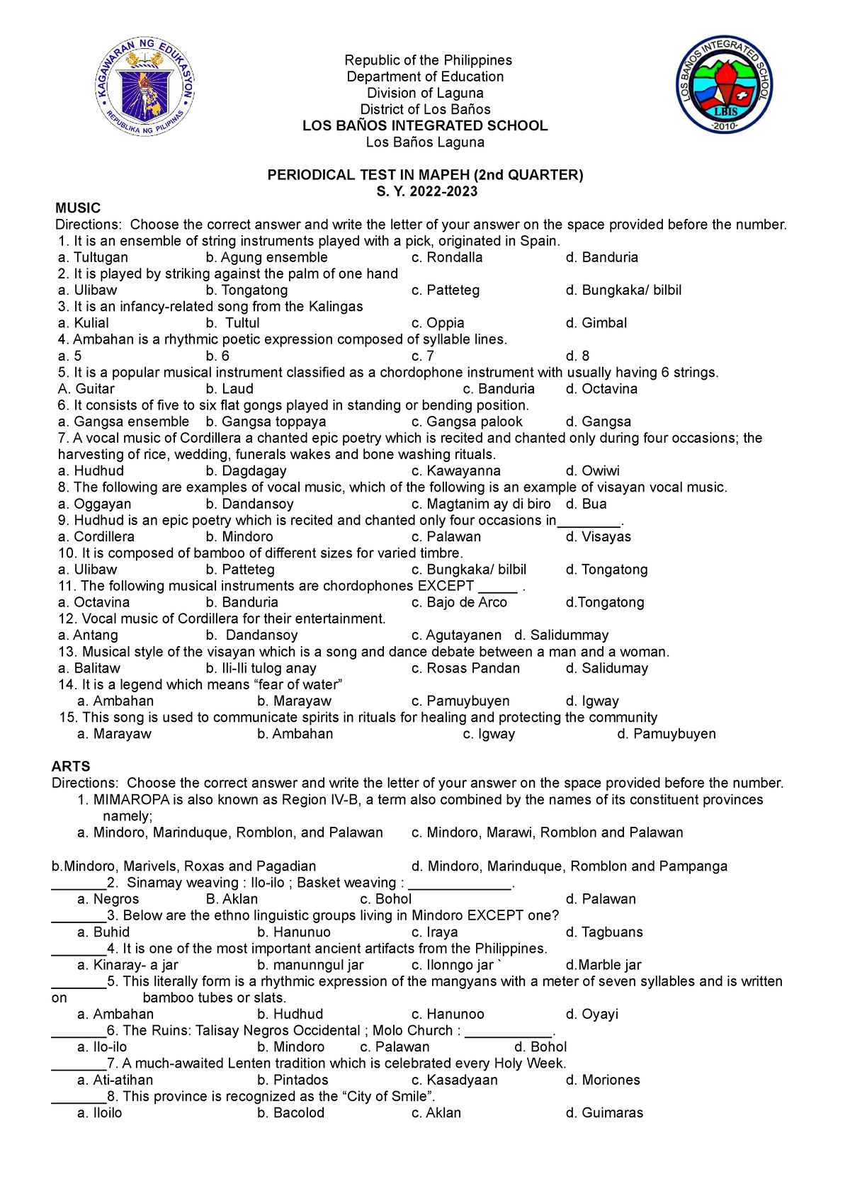 Periodical-TEST-IN- Mapeh - Republic Of The Philippines Department Of ...