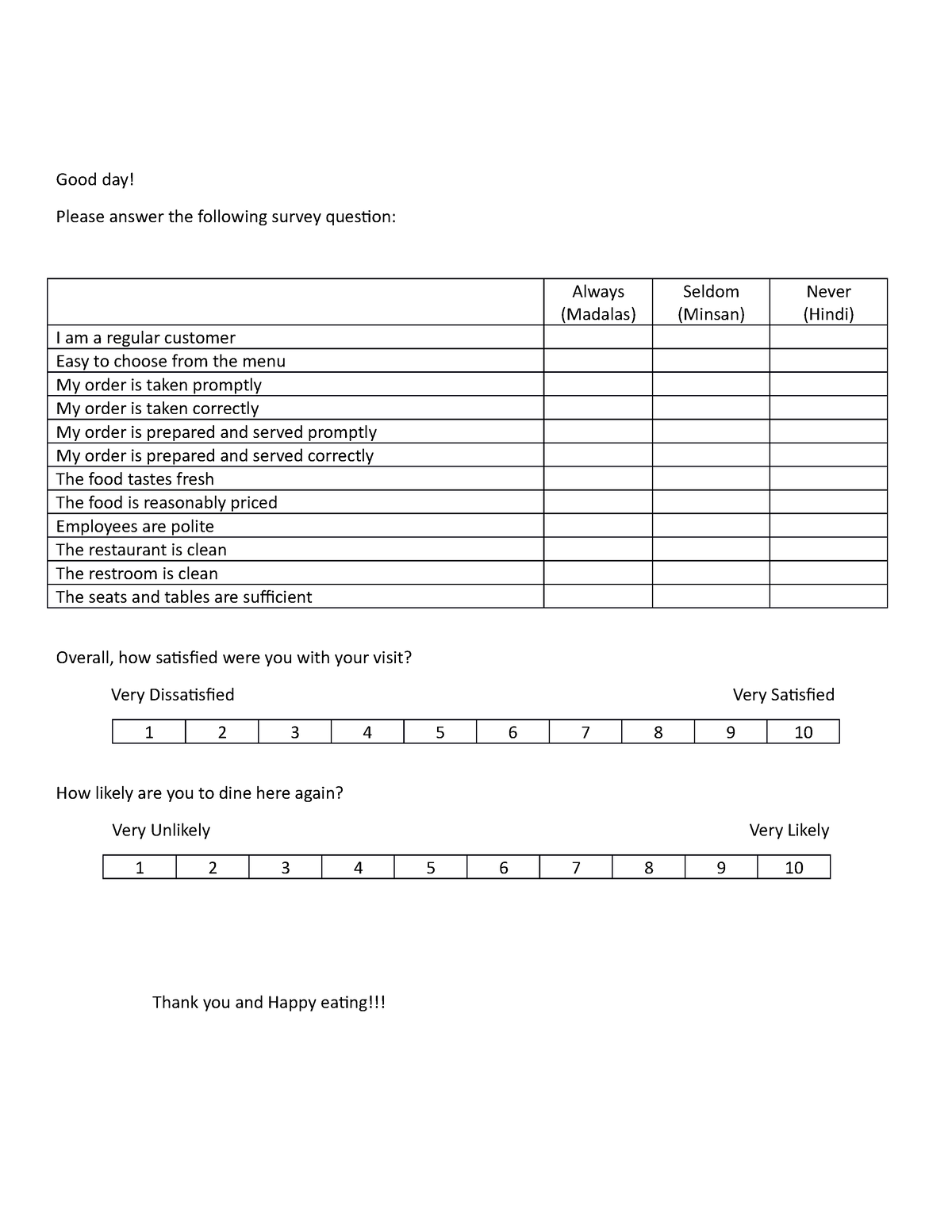 Questionnaire-sample - Good day! Please answer the following survey ...