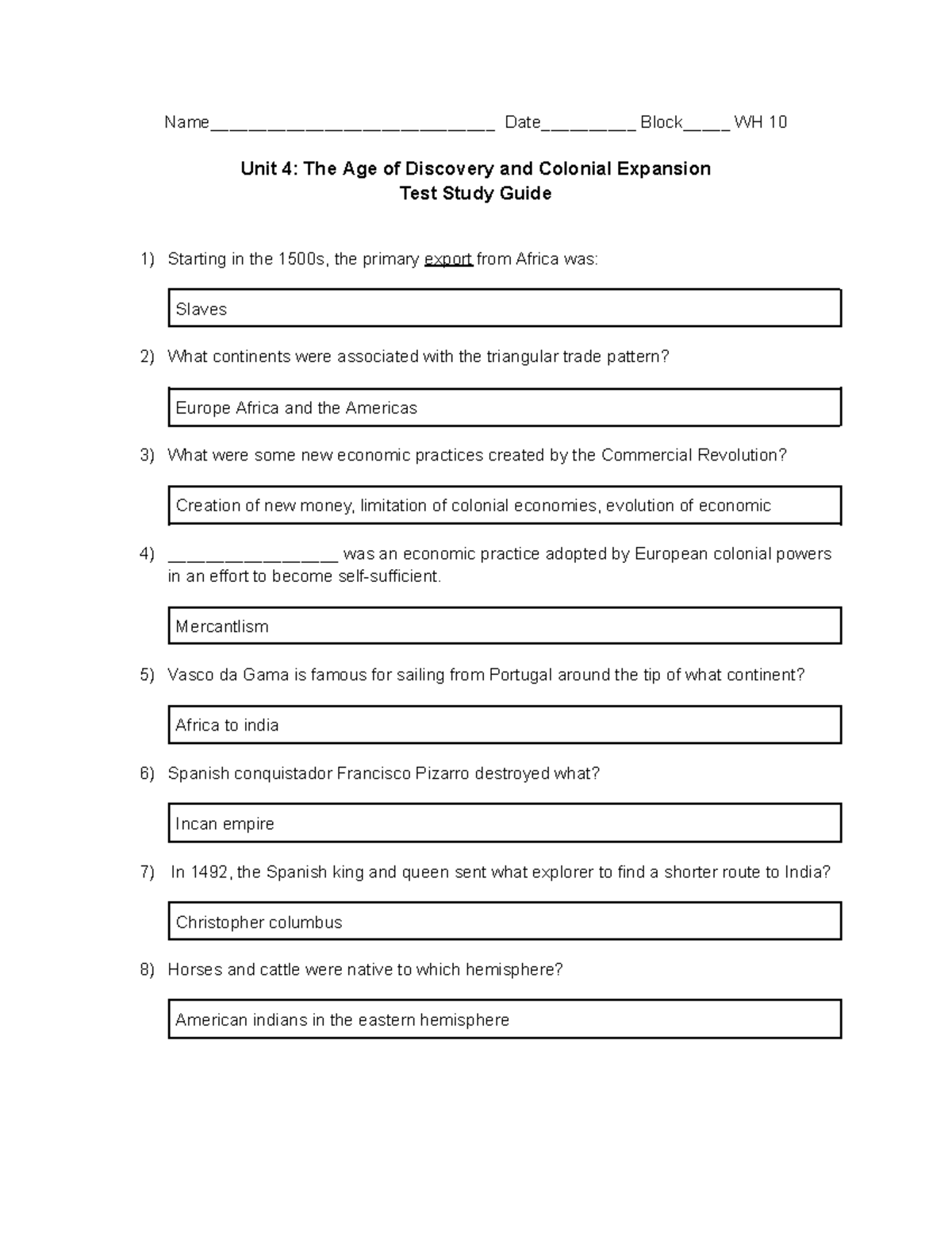 Copy of Unit 4 The Age of Discovery and Colonial Expansion Test Study