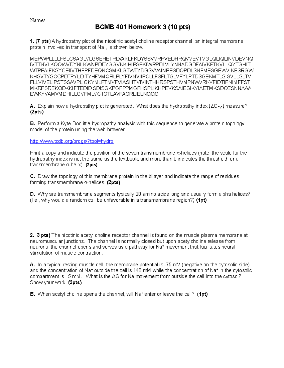 BCMB401 Homework Lipids And Membrane - Names: BCMB 401 Homework 3 (10 ...