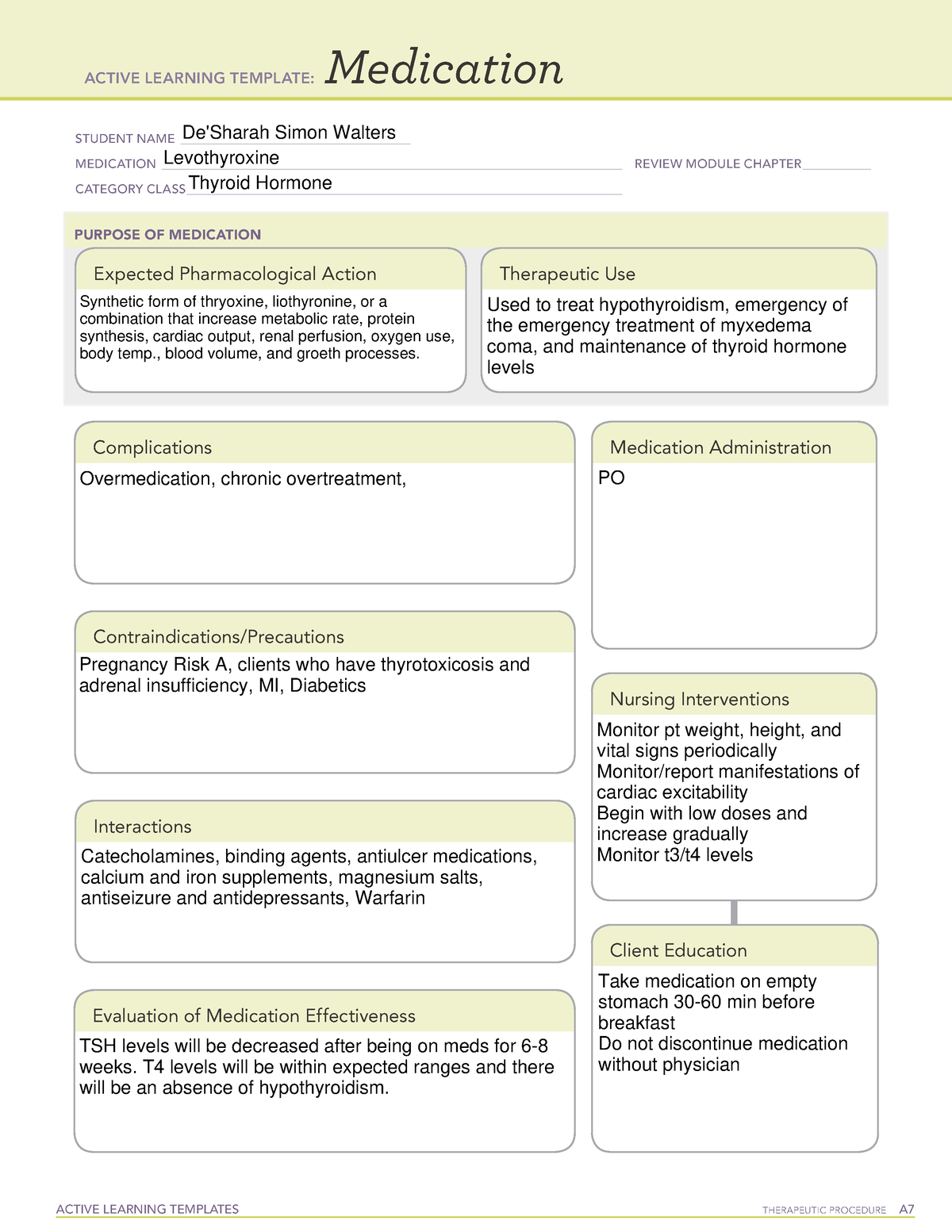 ATI Med TemplateLevothyroxine ACTIVE LEARNING TEMPLATES THERAPEUTIC