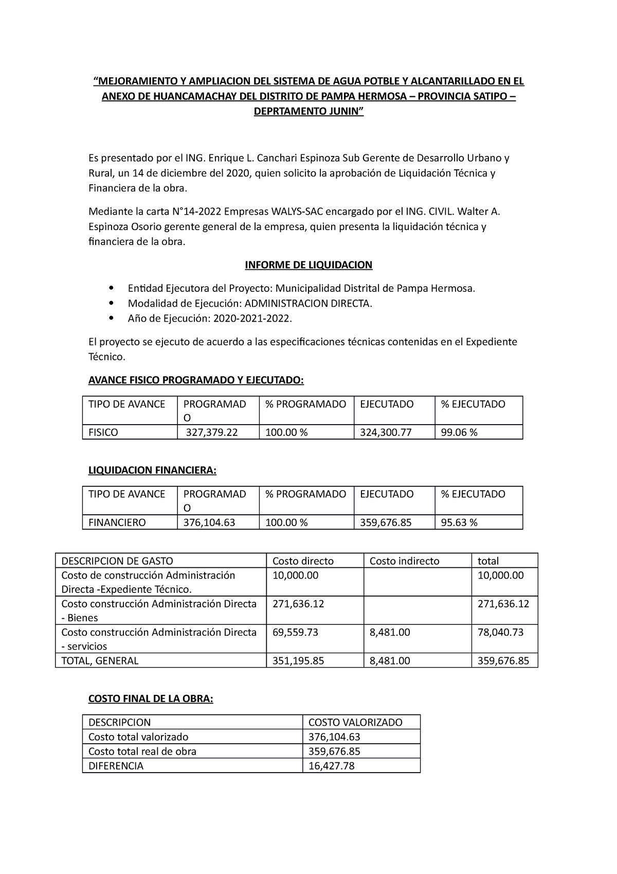 Mejoramiento Y Ampliacion DEL Sistema DE AGUA Potble Y Alcantarillado ...