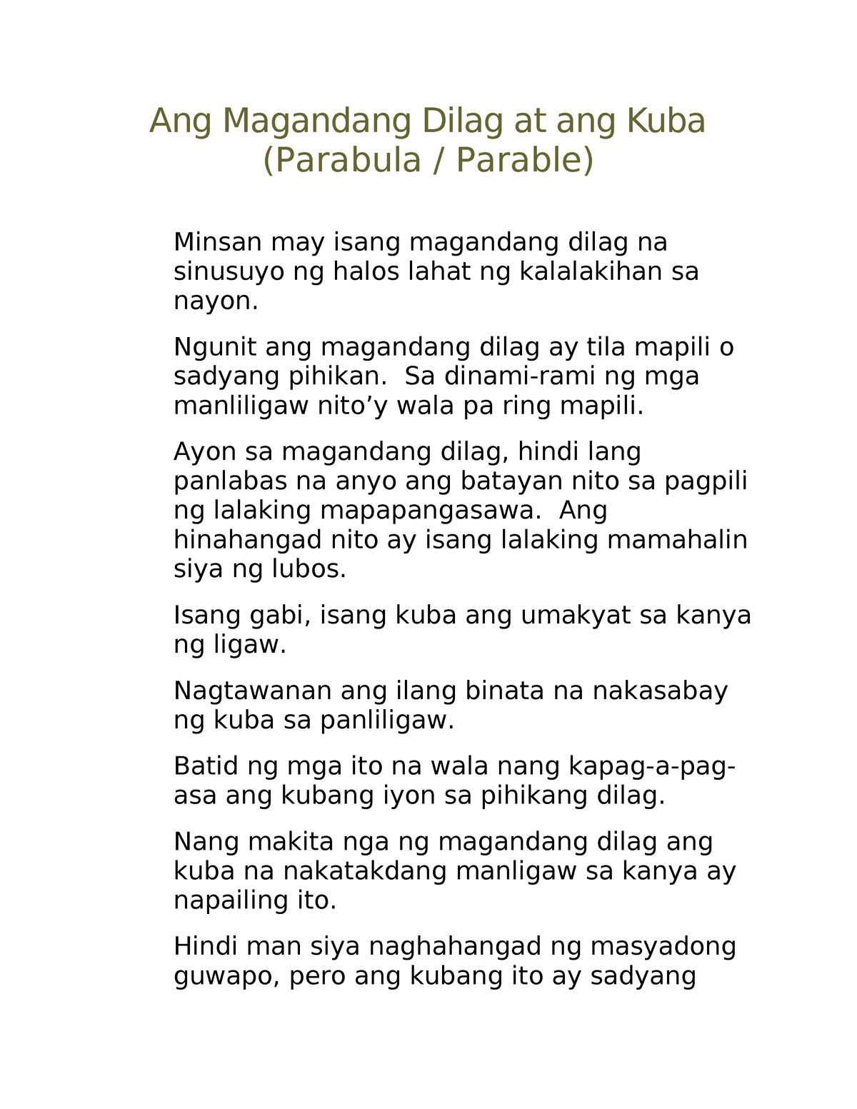 Filipino - Ang Magandang Dilag At Ang Kuba (Parabula / Parable) Minsan ...