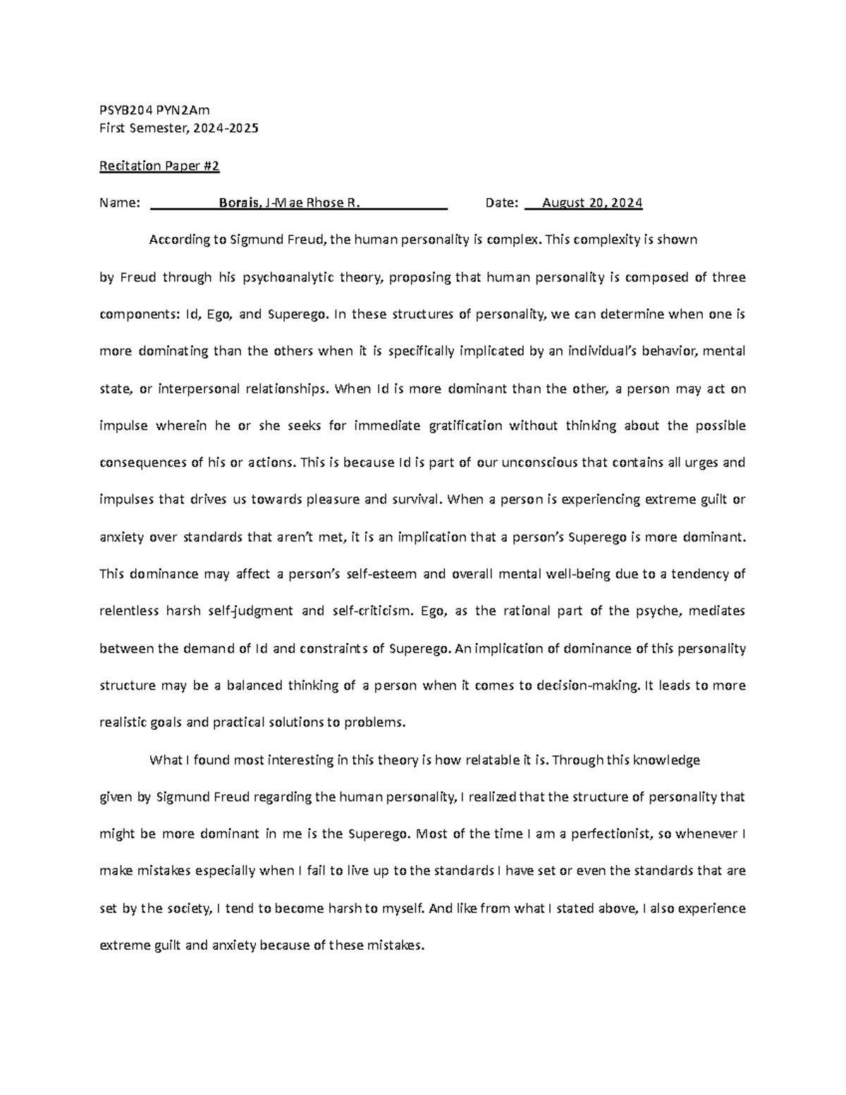 Recitation Paper - PSYB204 PYN2Am First Semester, 2024- Recitation ...
