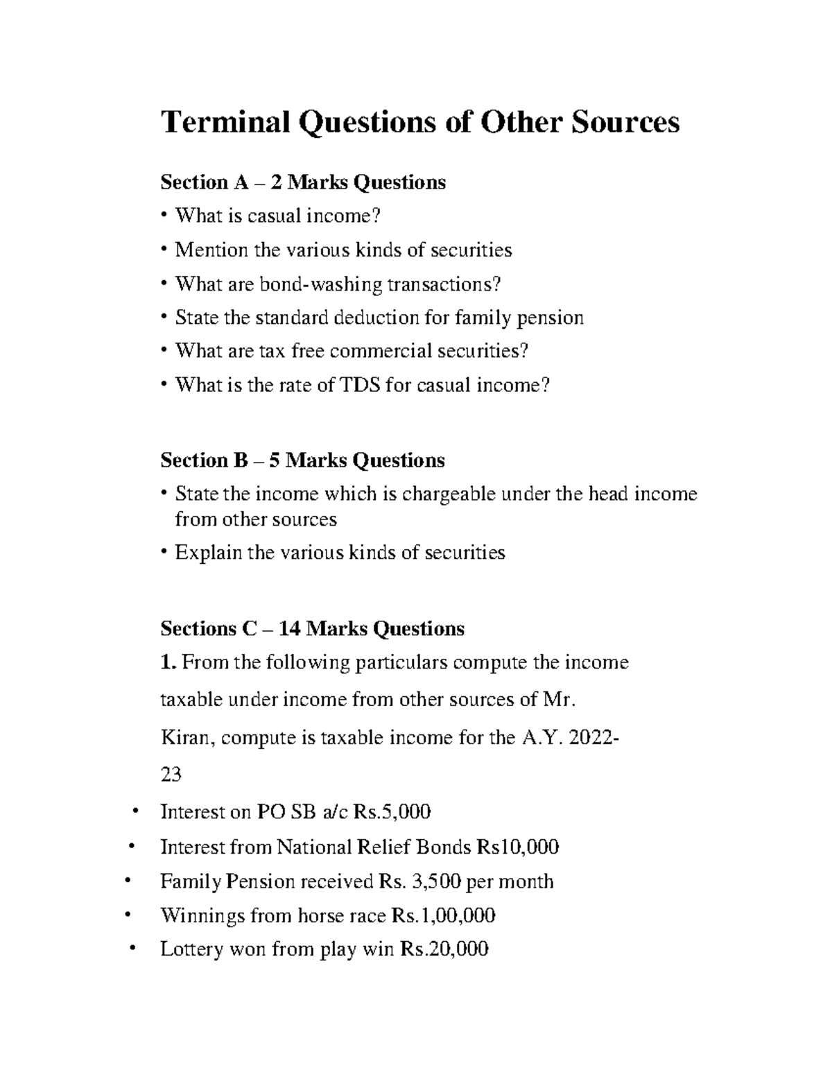 Terminal Questions of Other Sources Terminal Questions of Other