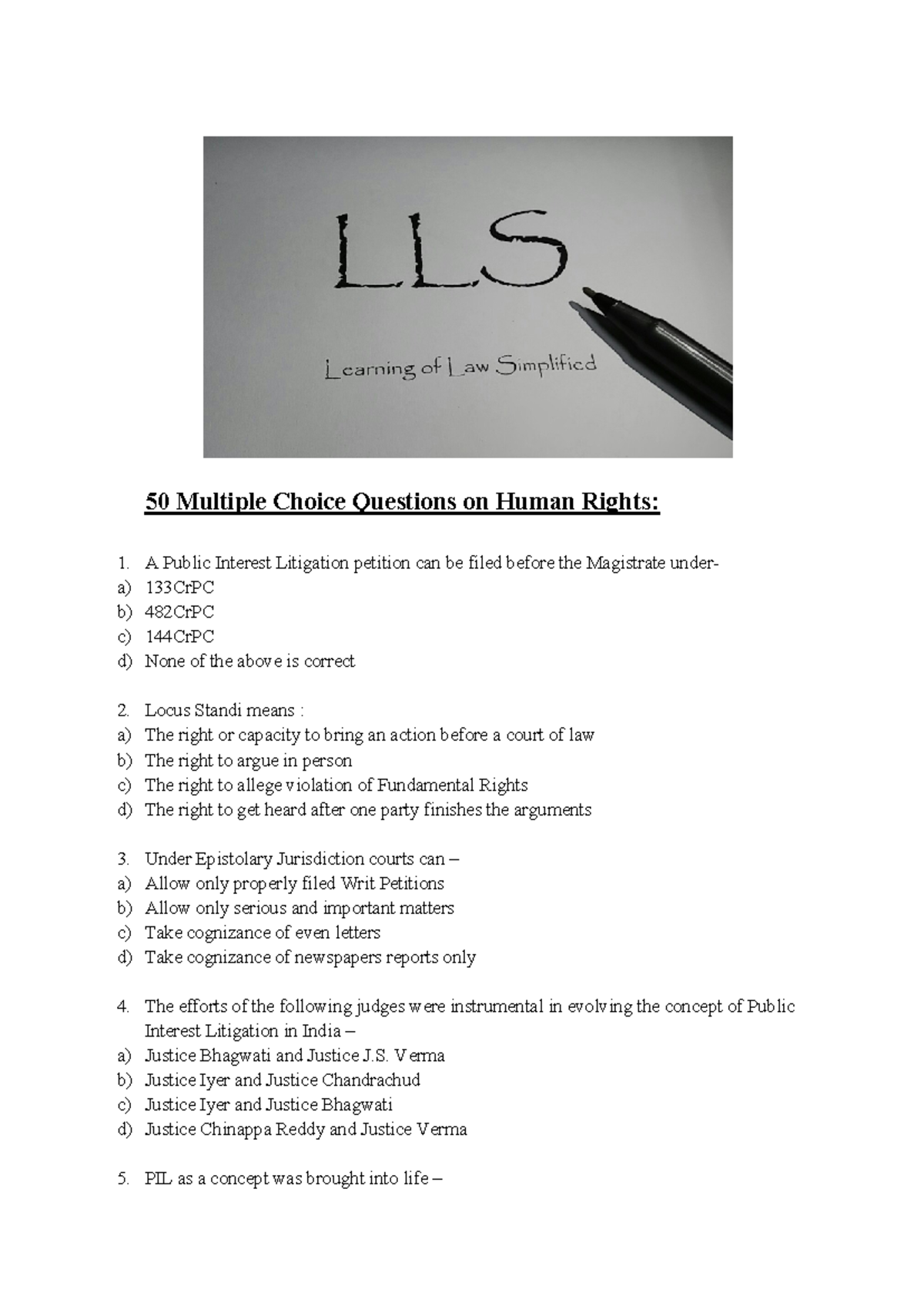Human Rights - 50 Questions - 50 Multiple Choice Questions on Human ...