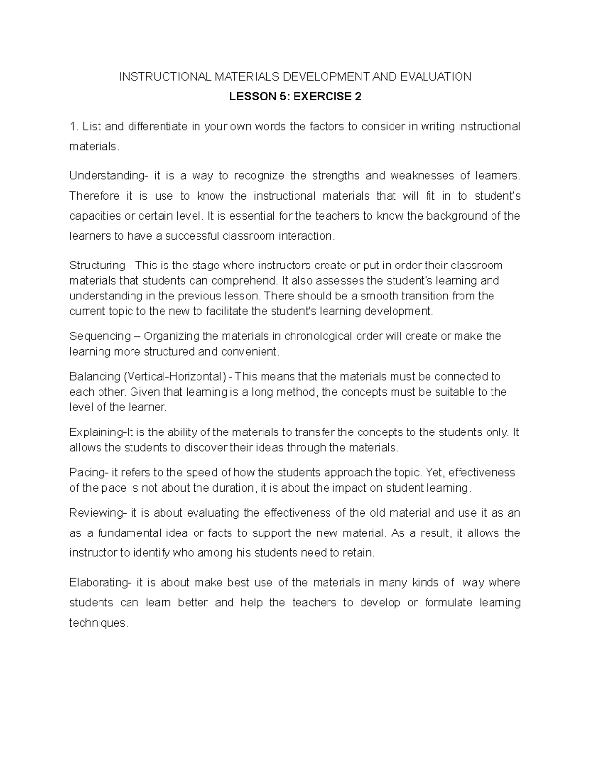 EL 213 Instructional Materials Development and Evaluation Lesson 5