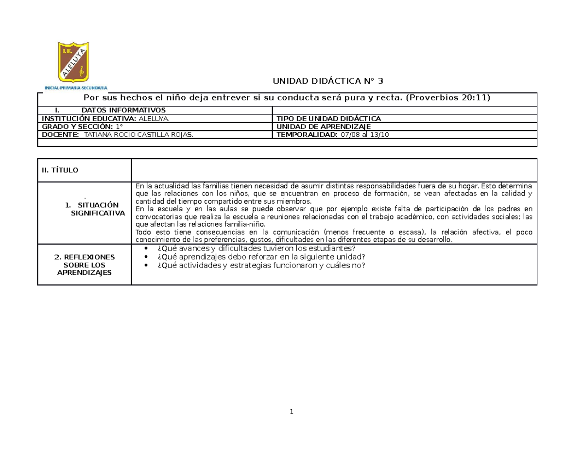Unidad III 2023 1° Grado UNIDAD DIDÁCTICA N° 3 Por sus hechos el
