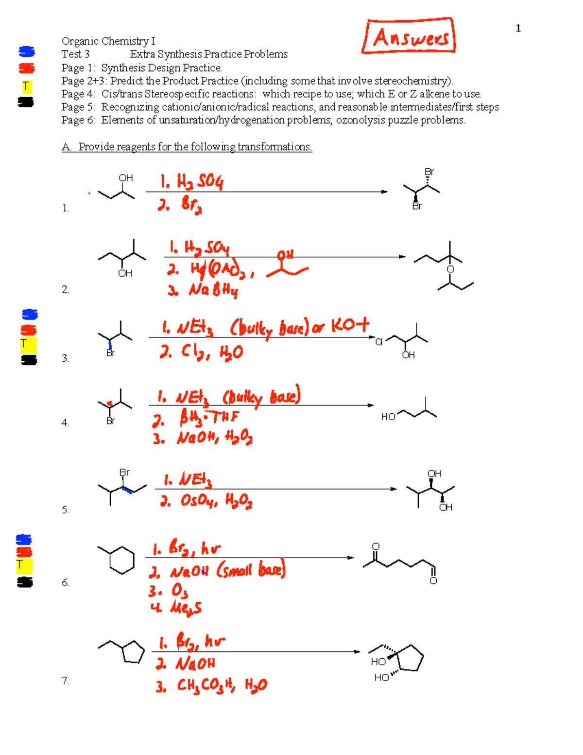 Organic Chemistry Test Answers