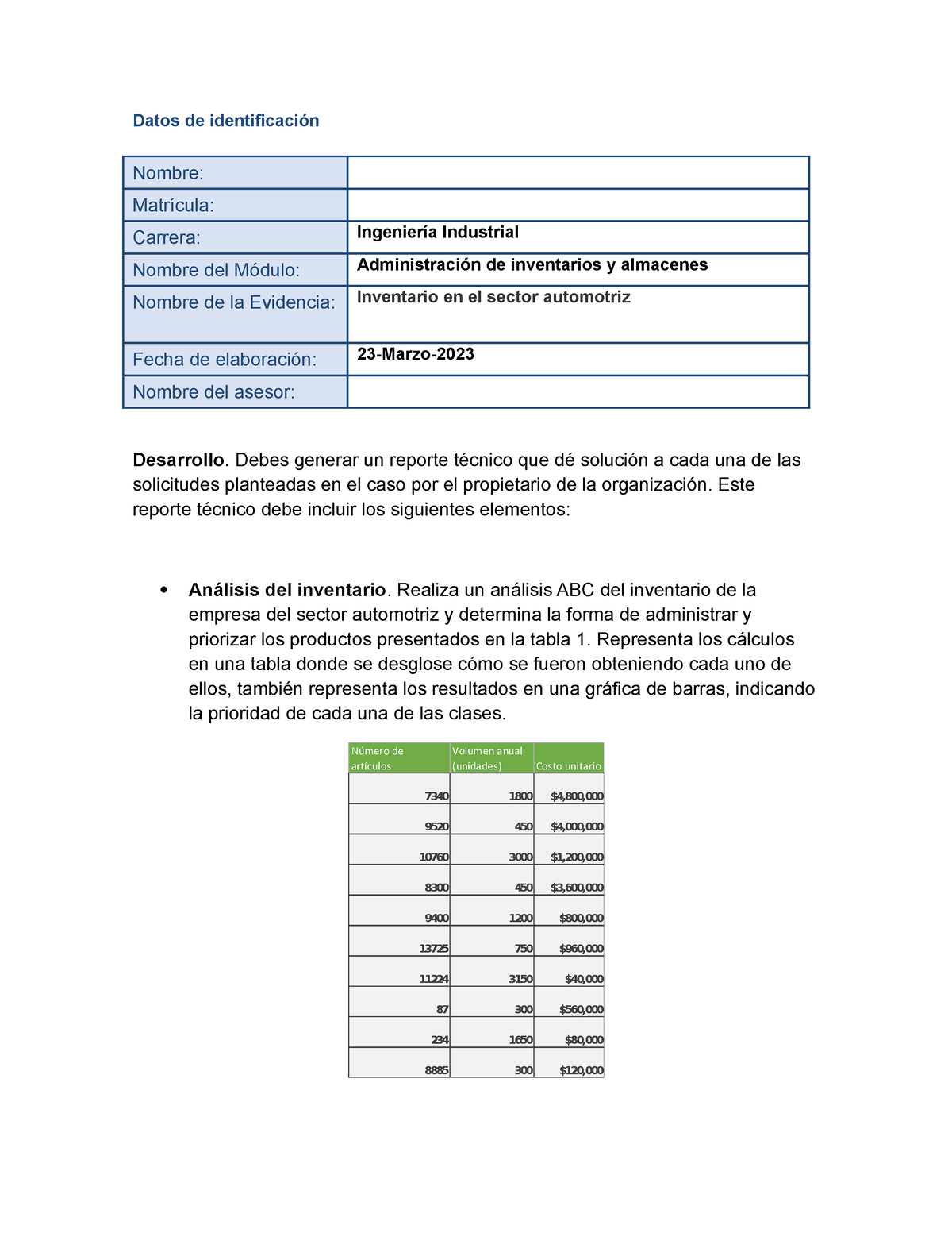 Garcia Alan Ea2 Inventario En El Sector Automotriz Datos De Identificación Nombre Matrícula 4180