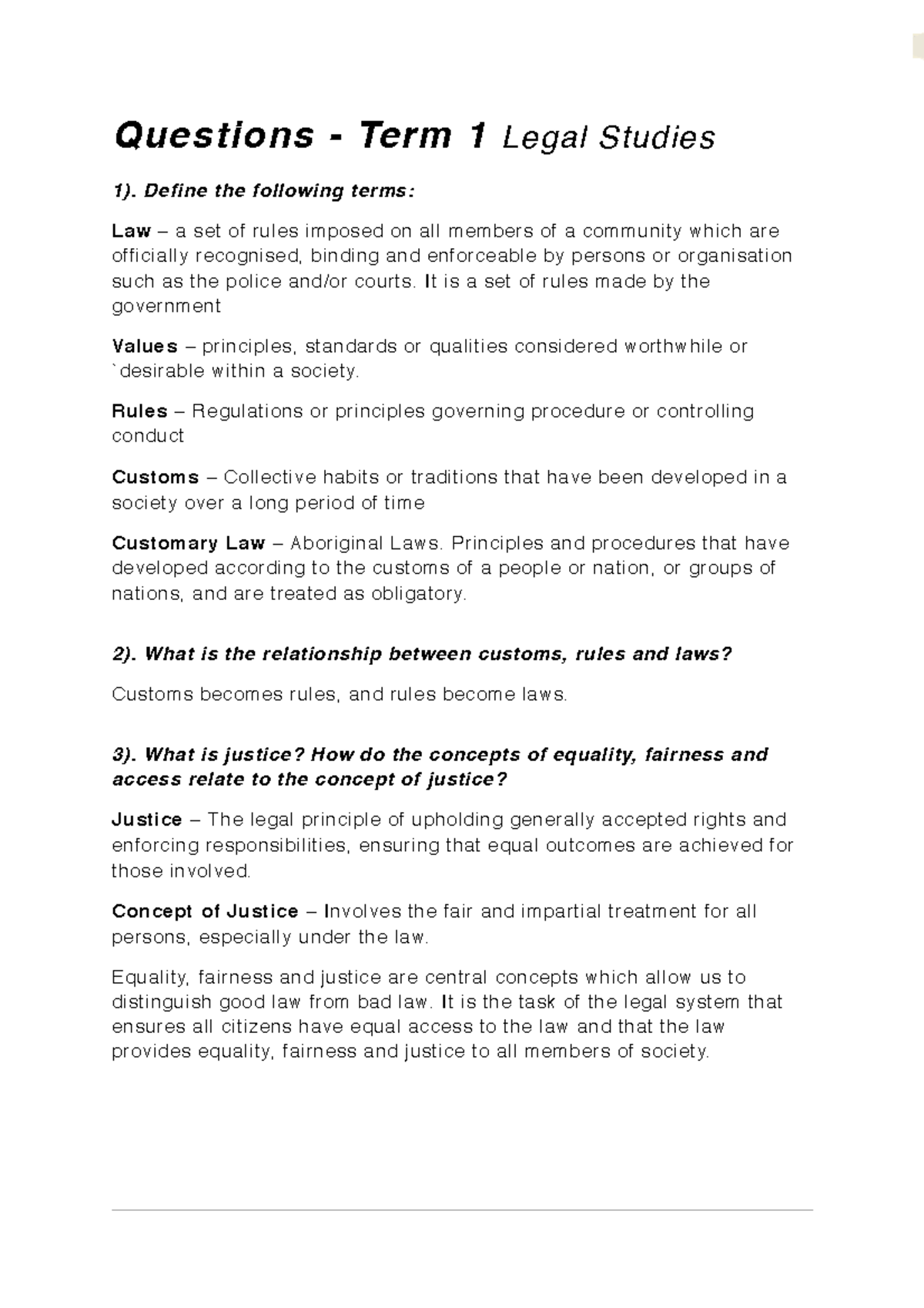 Questions & Answers for Exam Prep - Questions - Term 1 Legal Studies 1 ...