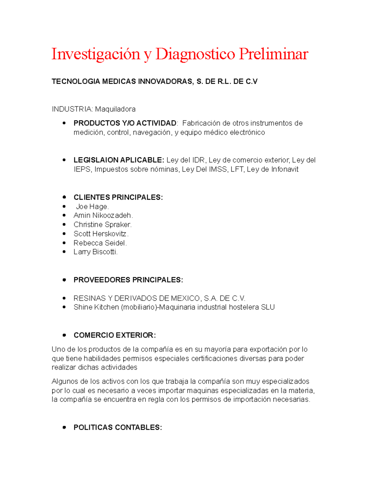 Investigación Y Diagnostico Preliminar Investigación Y Diagnostico