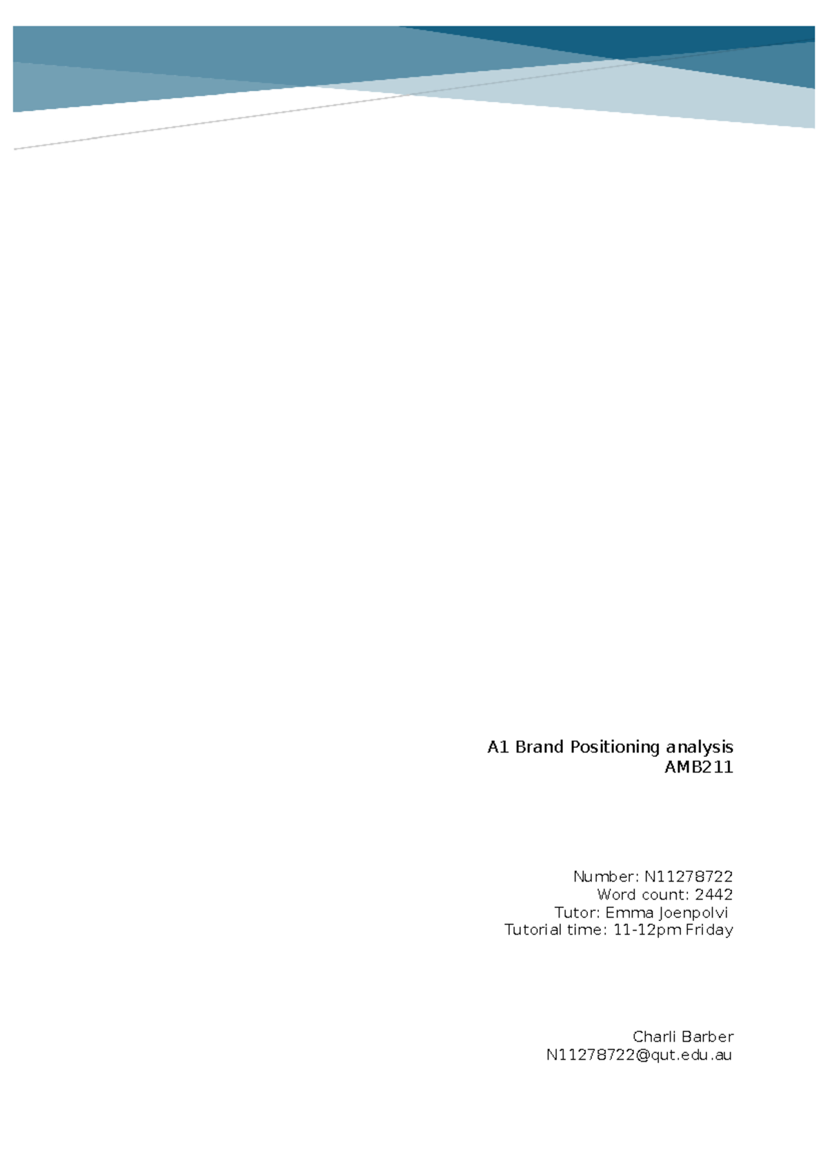 AMB211 A1 N11278722 - A1 Brand Positioning analysis AMB Charli Barber ...
