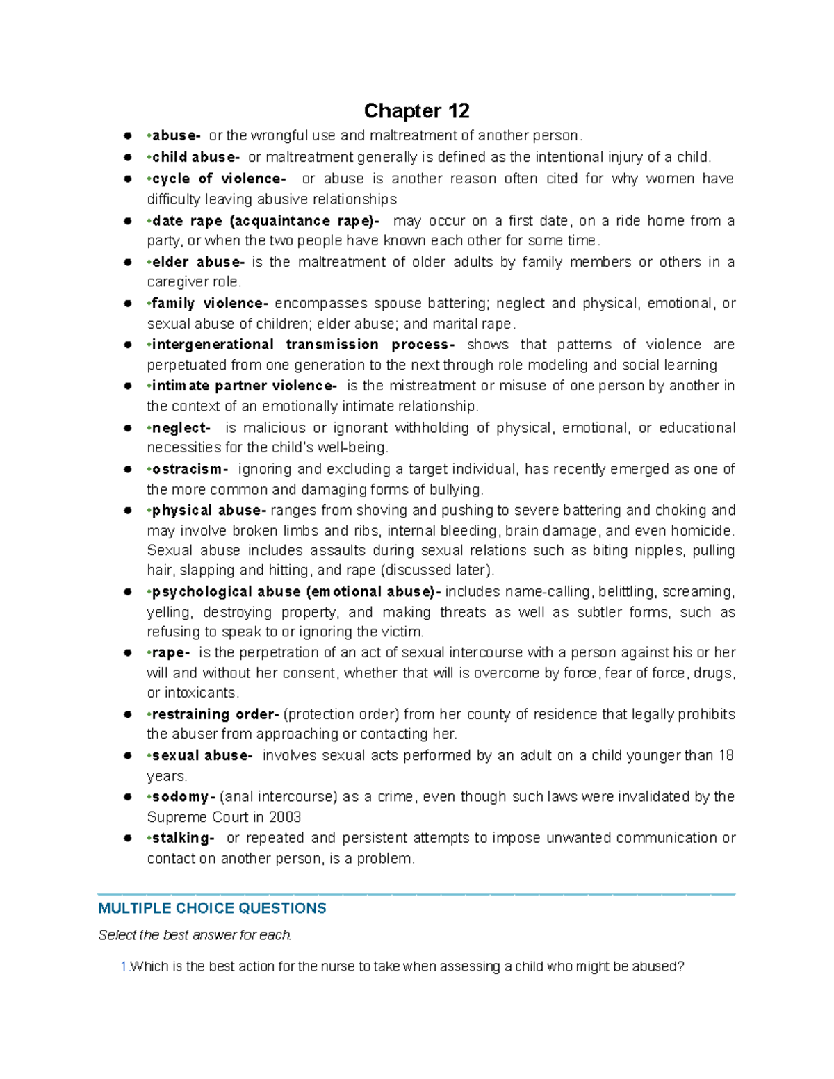 MH exam 4 study notes - Chapter 12 •abuse- or the wrongful use and ...