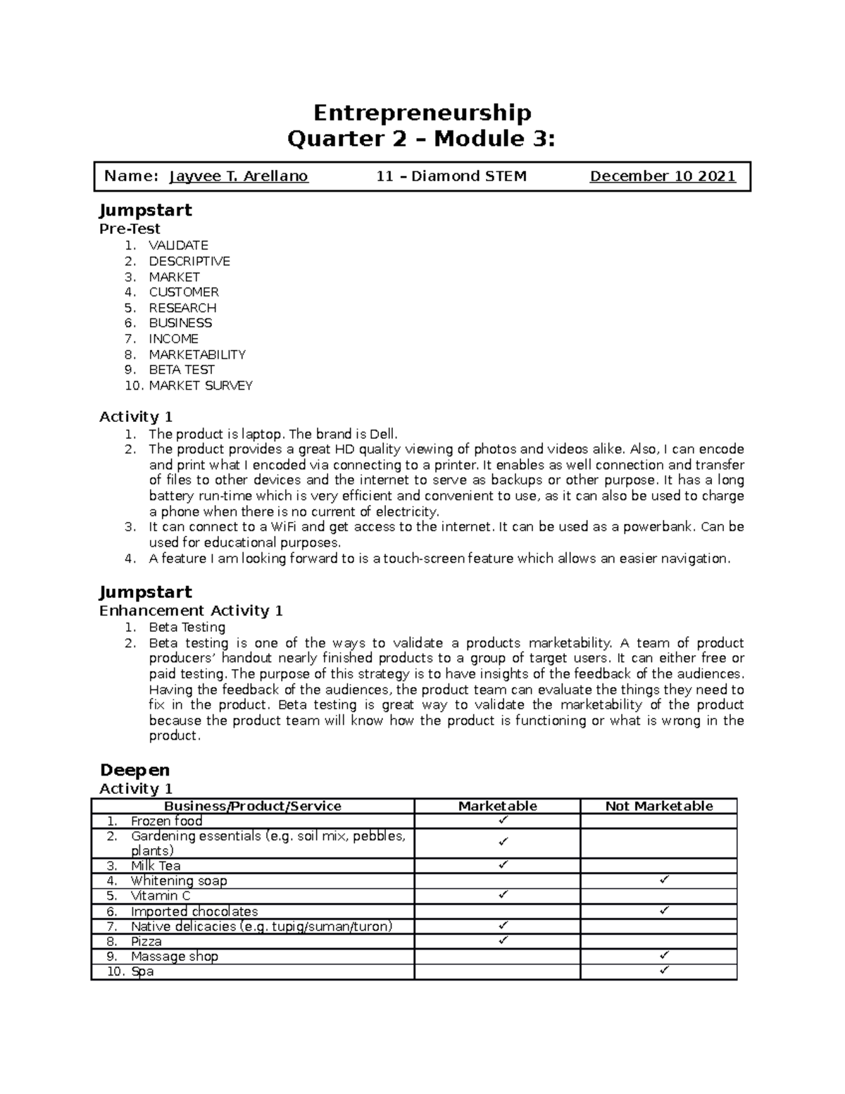 Entrepreneurship Q2 Mod 3 - Entrepreneurship Quarter 2 – Module 3 ...