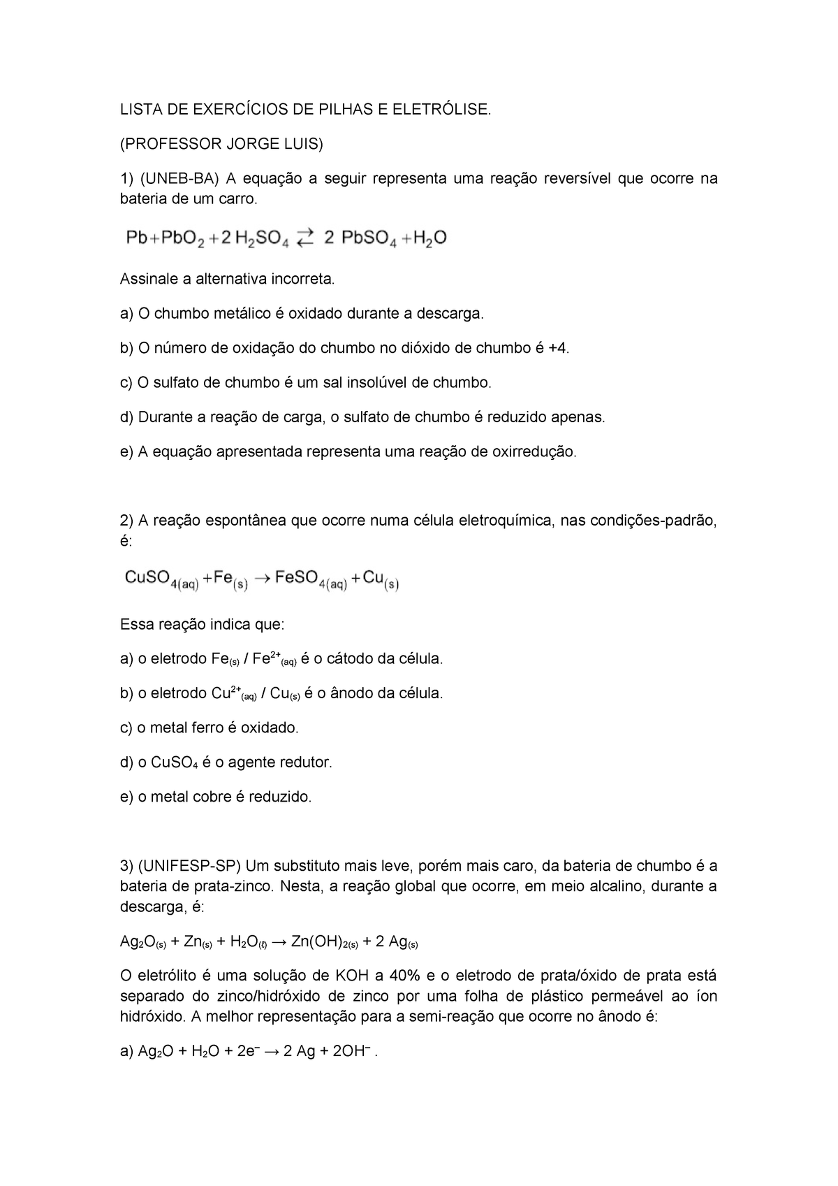 Lista DE Exercícios DE Pilhas E Eletrólise - StuDocu