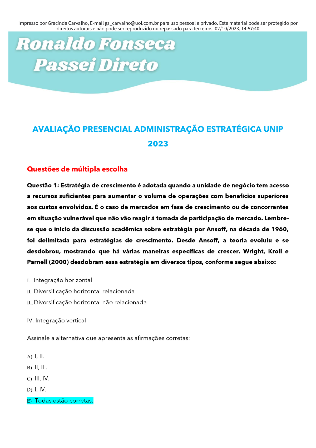 Avalia O Presencial Administra O Estrat Gica Unip Passei Direto Impresso Por Gracinda