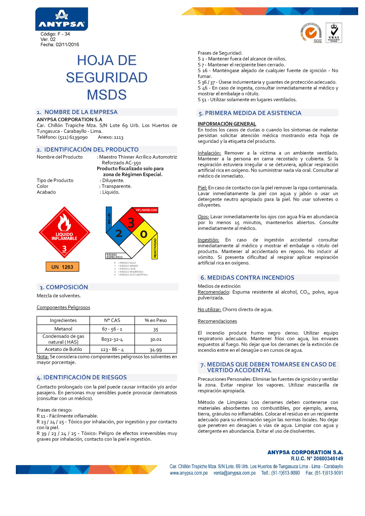 81 Thinner Acrilico Anypsa Código F 34 Ver 02 Fecha 0211 Hoja De Seguridad Msds 1 2193