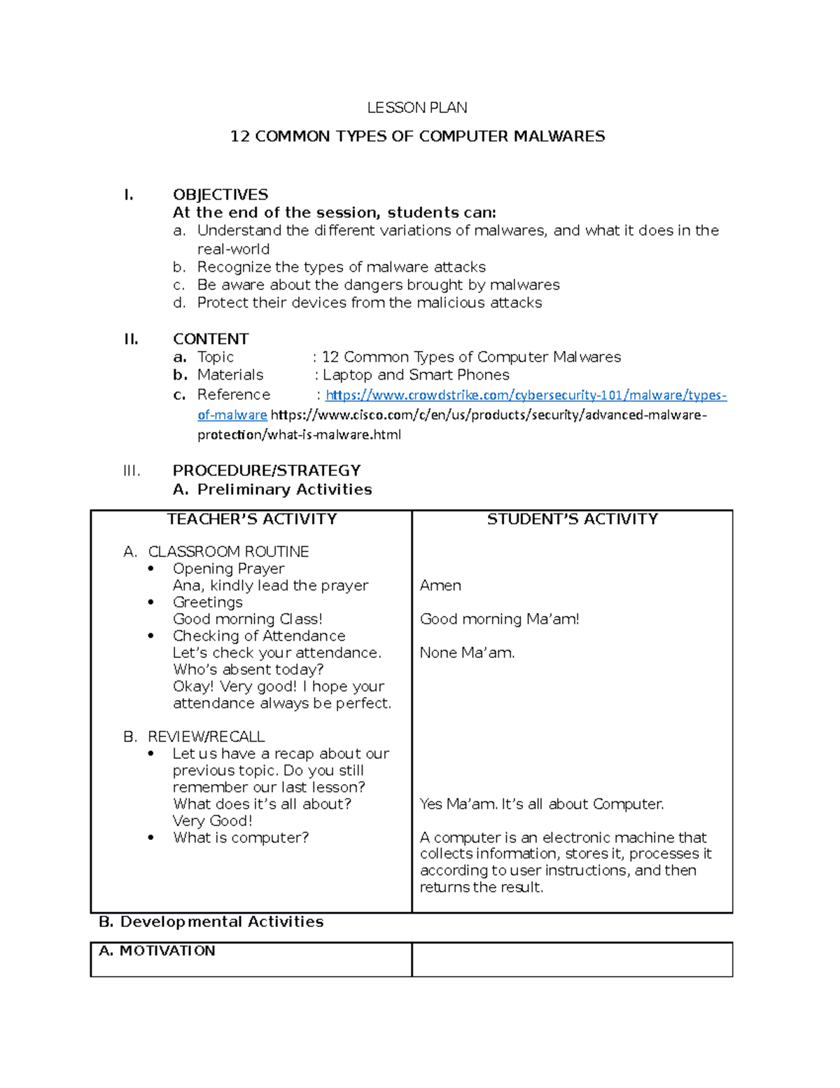 1663329591089 Lesson PLAn-final - LESSON PLAN 12 COMMON TYPES OF ...