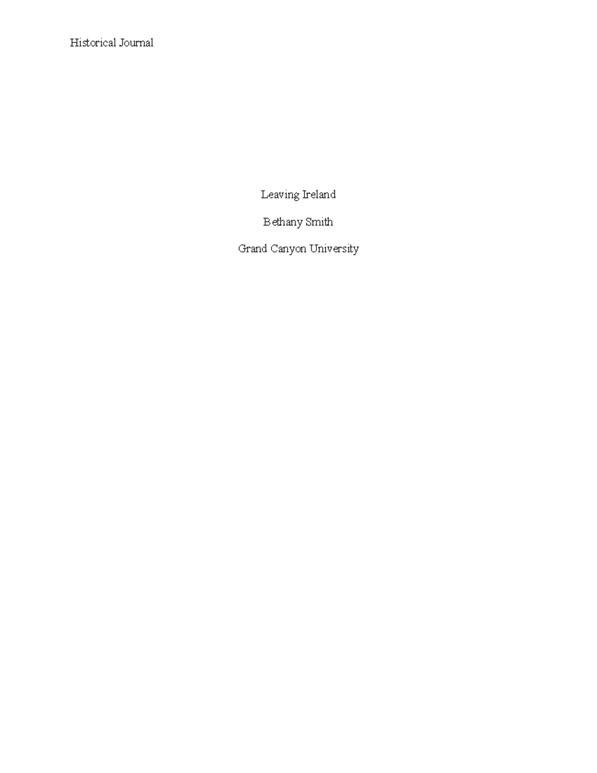 Historical Journal - Grade: A - Leaving Ireland Bethany Smith Grand ...