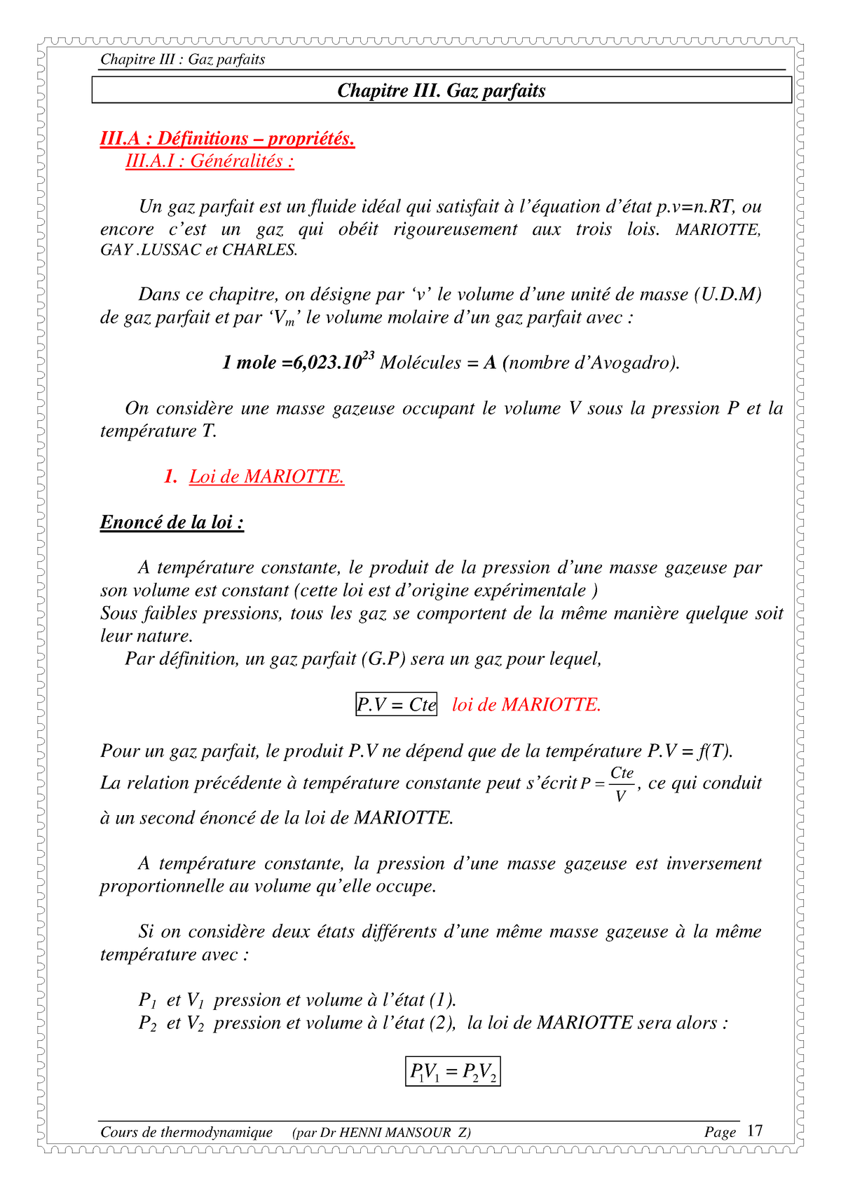 Gaz parfaits cours chimie Chapitre III Gaz parfaits III Définitions propriétés III