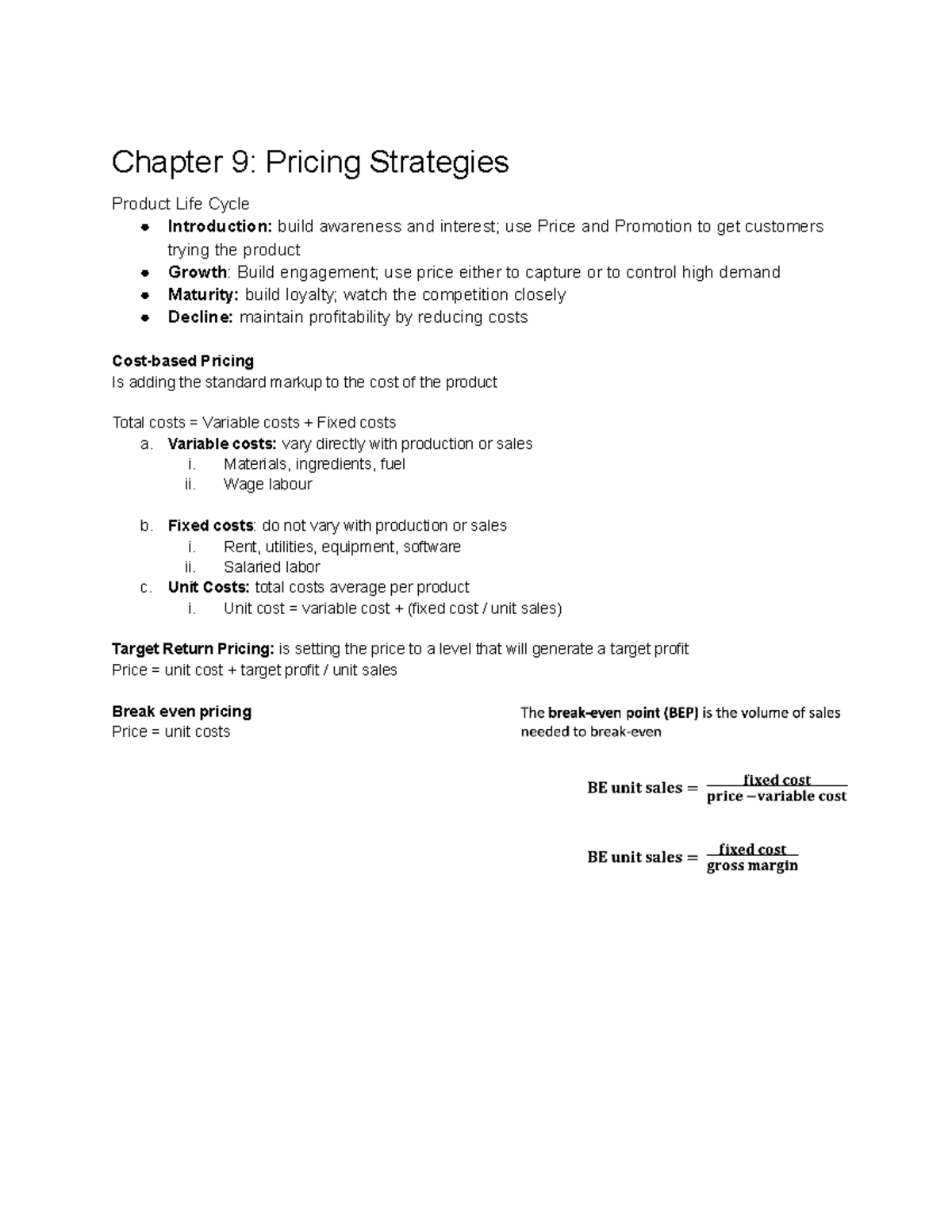 Quiz 2 Cheat sheet - Marketing notes for quiz 2 - Chapter 9: Pricing ...