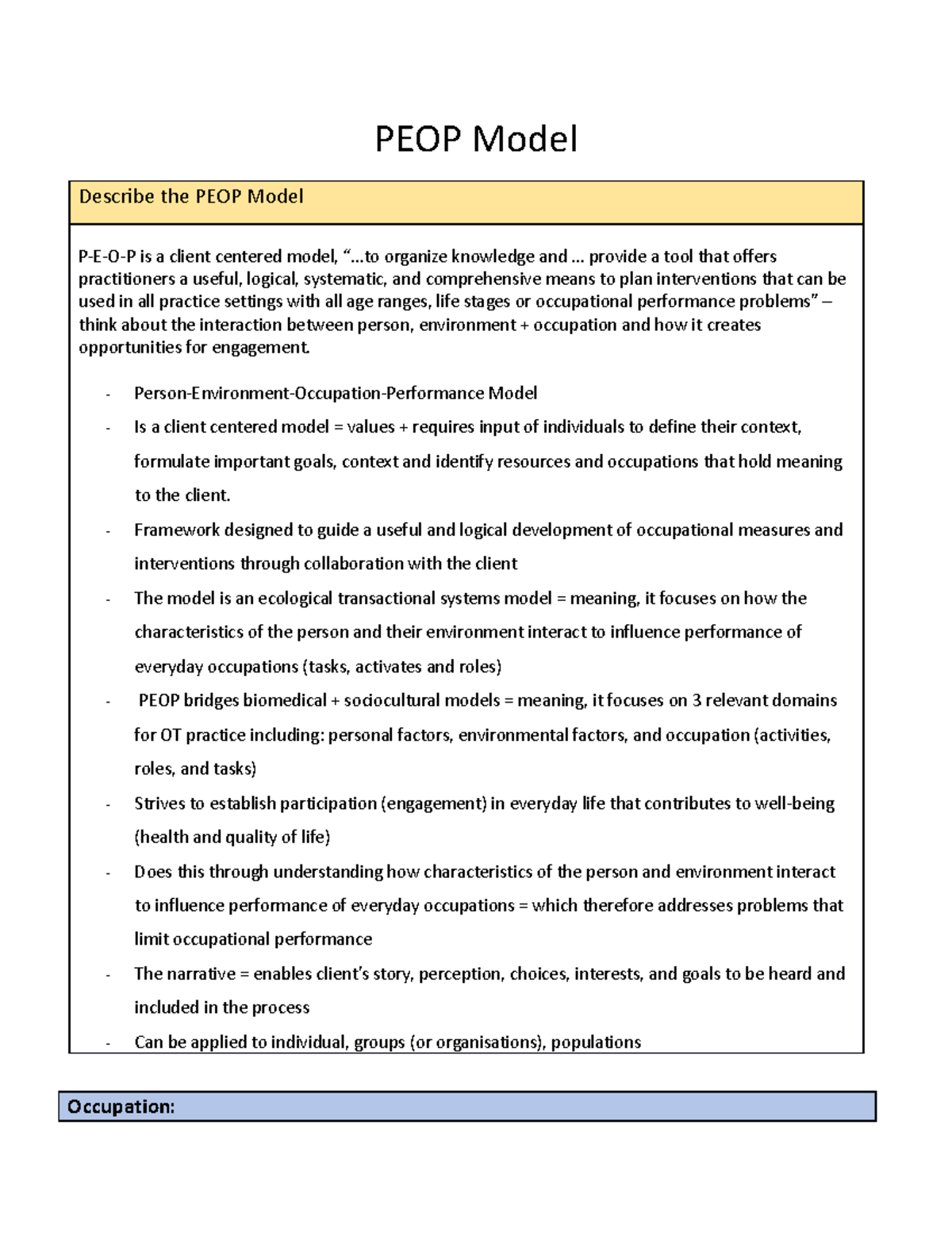 PEOP Model PEOP Model Describe the PEOP Model PEOP is a client