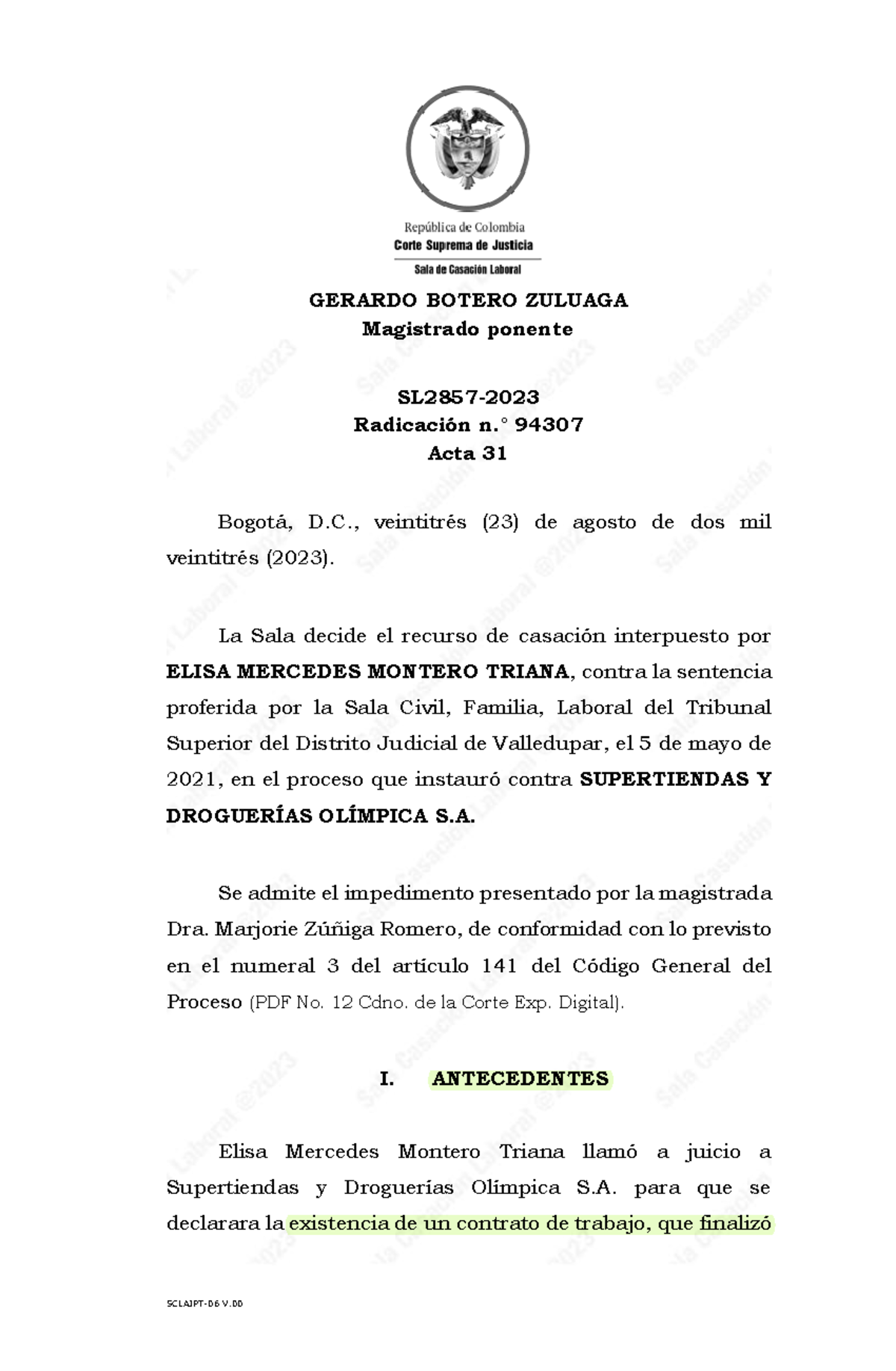 SL2857-2023 - Sentencia - GERARDO BOTERO ZULUAGA Magistrado ponente
