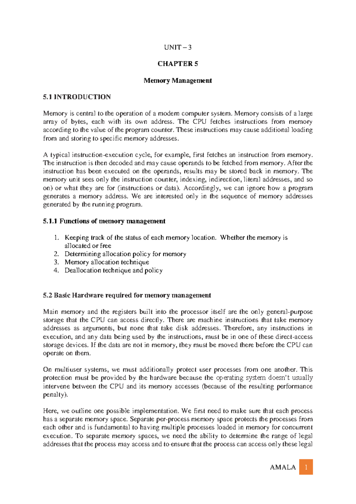 Bca-nep-unit3 - It's important - AMALA 1 UNIT – 3 CHAPTER 5 Memory ...