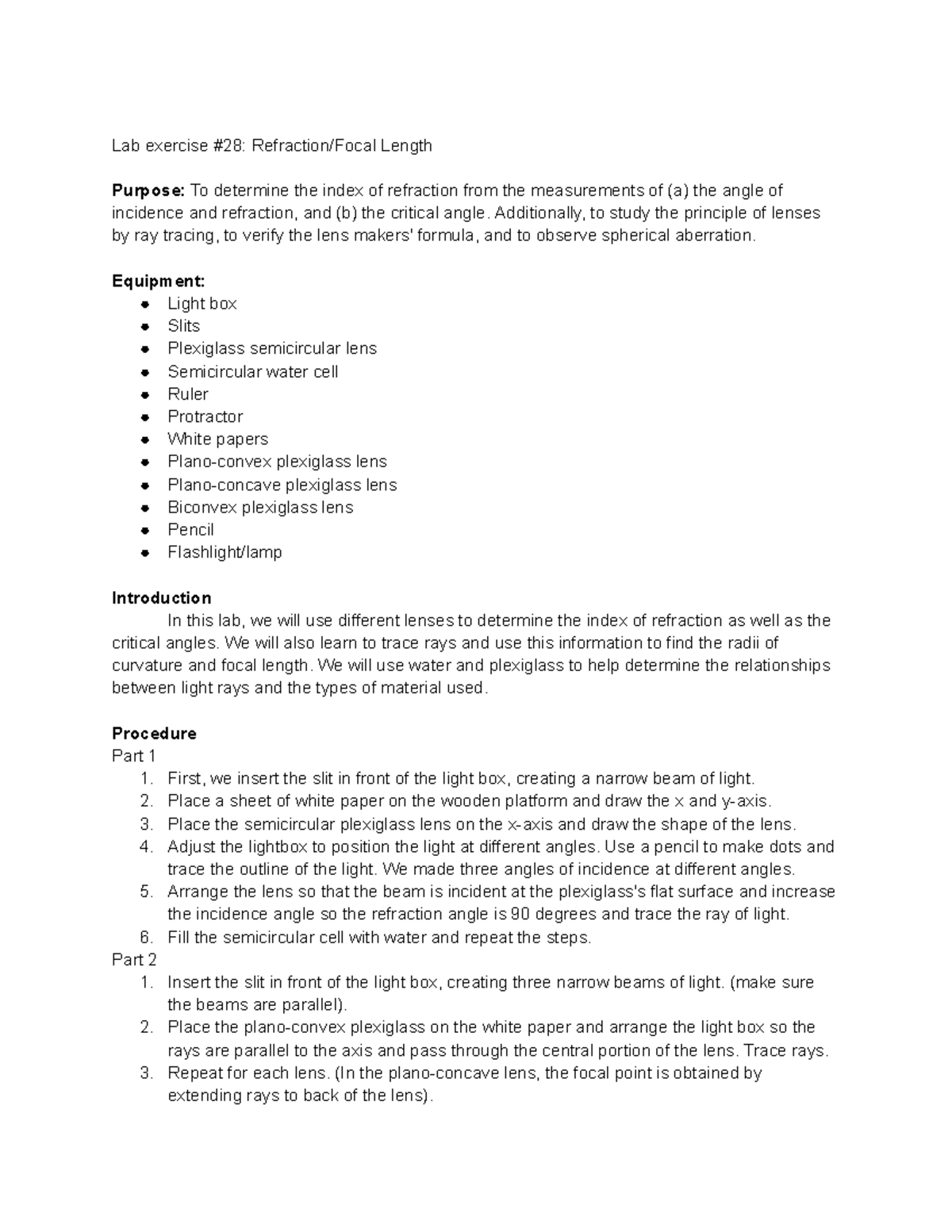 Refraction Focal Length - Lab exercise #28: Refraction/Focal Length ...