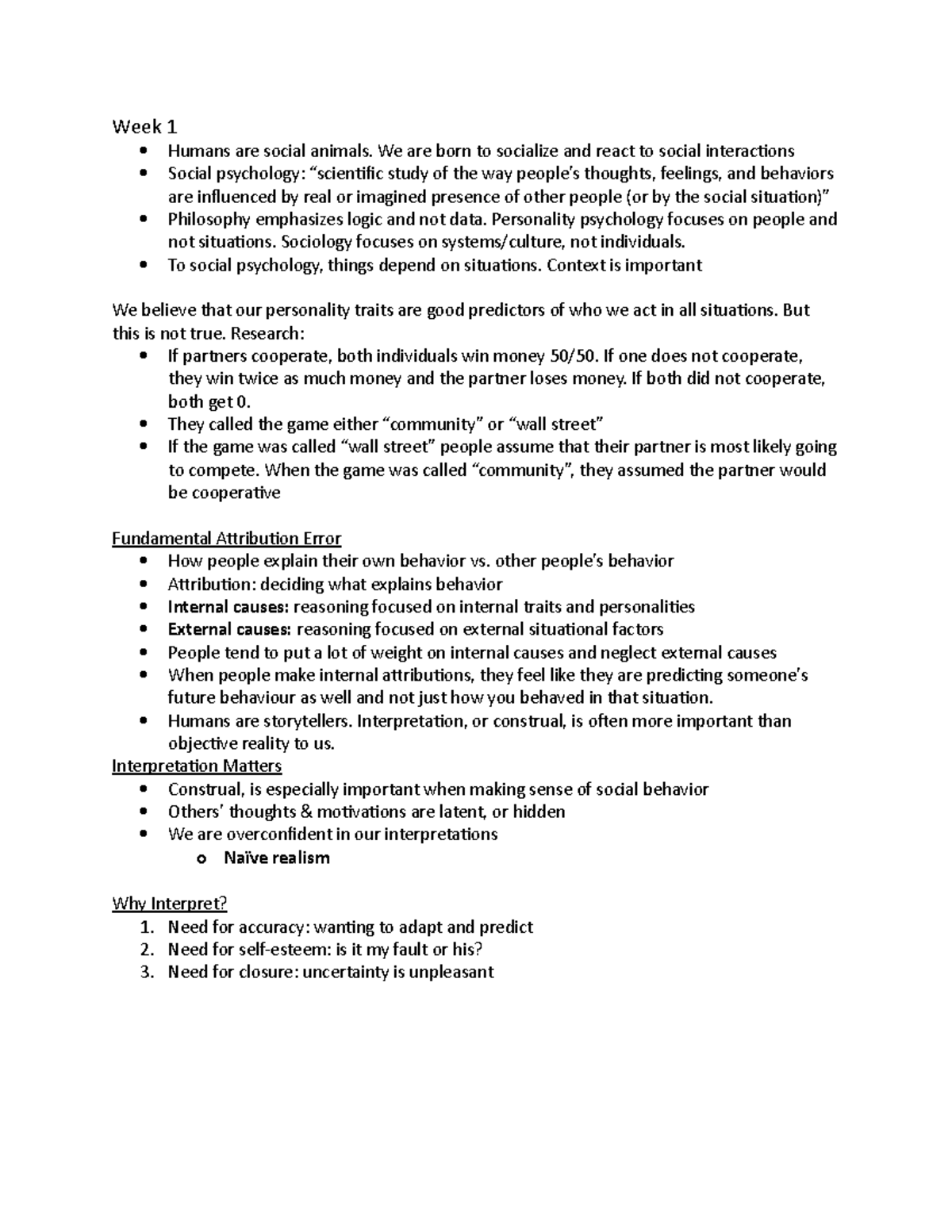 Week 1 Lecture 1 notes (book not included) - Week 1 Humans are social ...