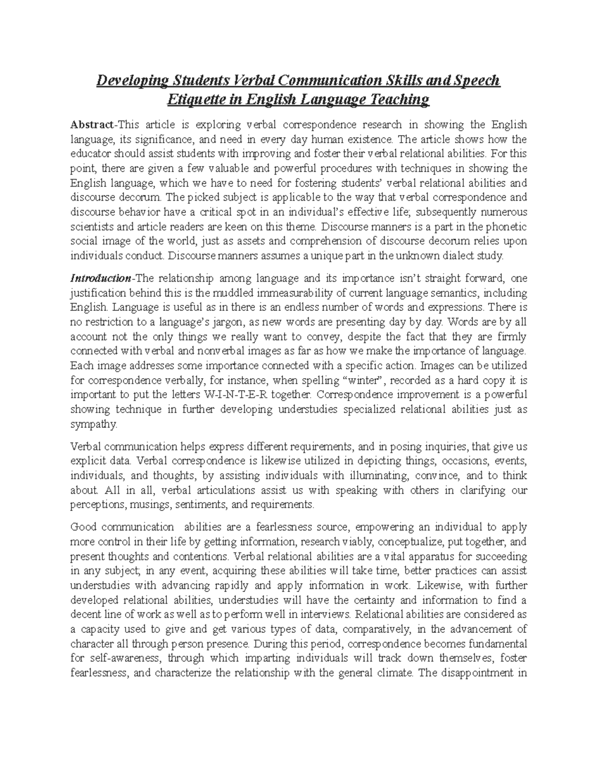 Developing Students Verbal Communication Skills And Speech Etiquette In English Language Teaching