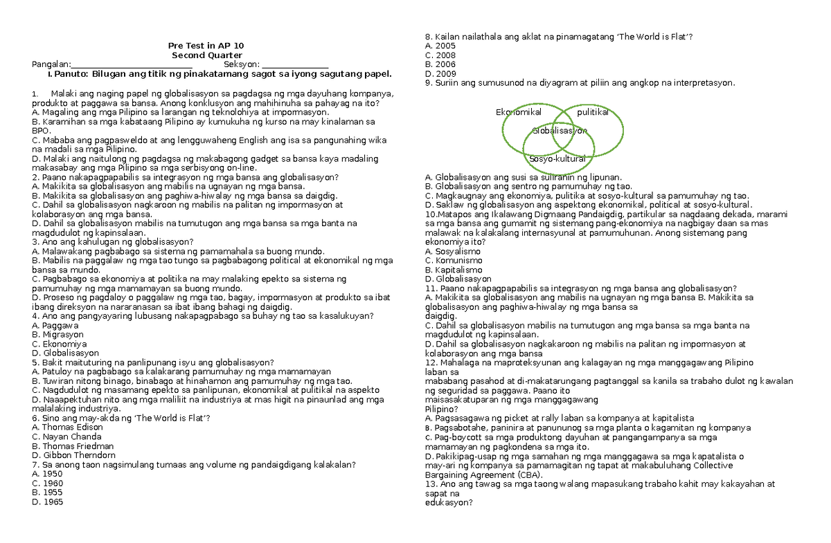 PRE TEST AP Q2 - EXAM - Pre Test in AP 10 Second Quarter Pangalan ...