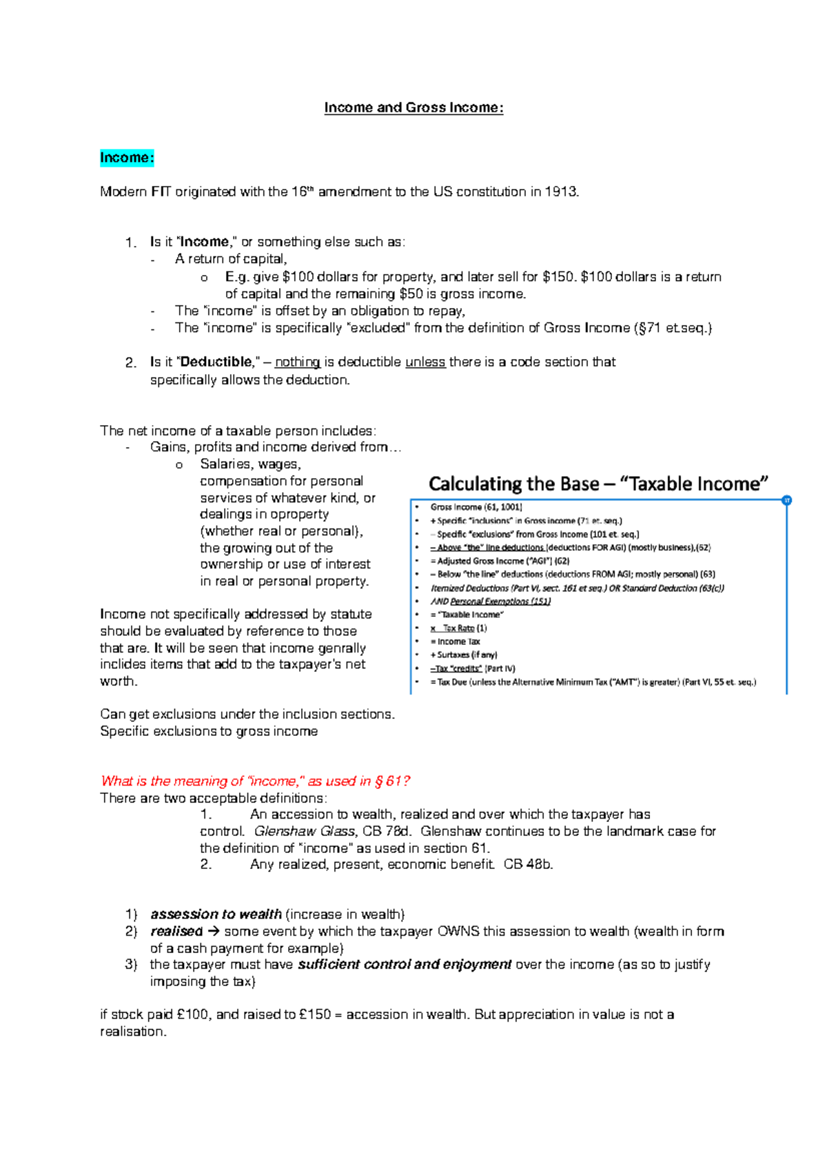 Income and Gross Income - definitions and cases -class notes 2021/22 ...