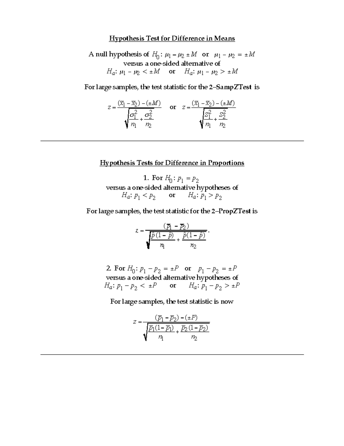 null hypothesis for mean difference