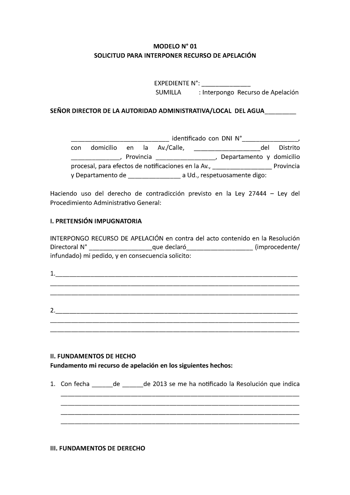 Modelo solicitud de apelacion - MODELO N° 01 SOLICITUD PARA INTERPONER  RECURSO DE APELACIÓN - Studocu