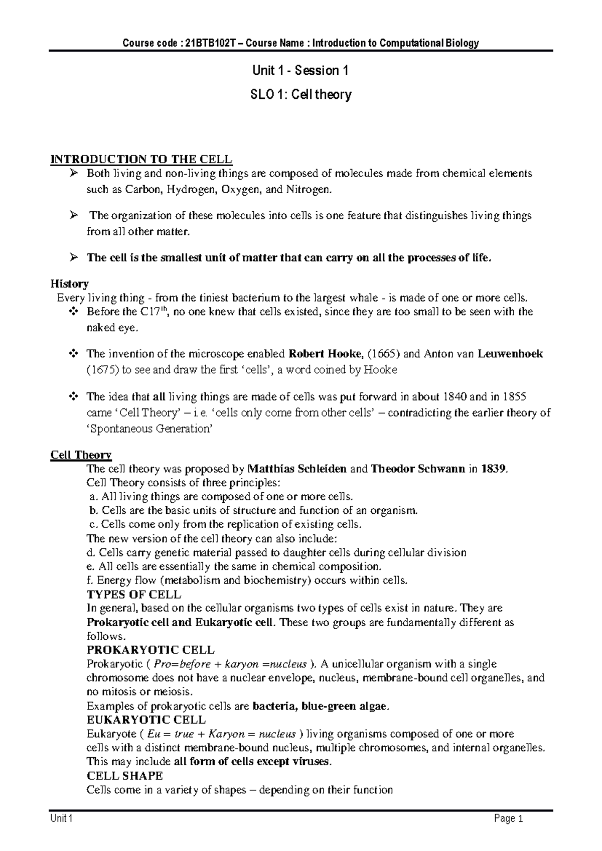 Introduction to Computational Biology UNIT 1 notes 21BTB102T - Unit 1 ...