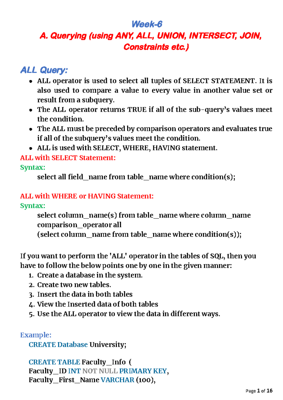 DBMS Lab - Week6.docx - dbms - Week- A. Querying (using ANY, ALL, UNION ...