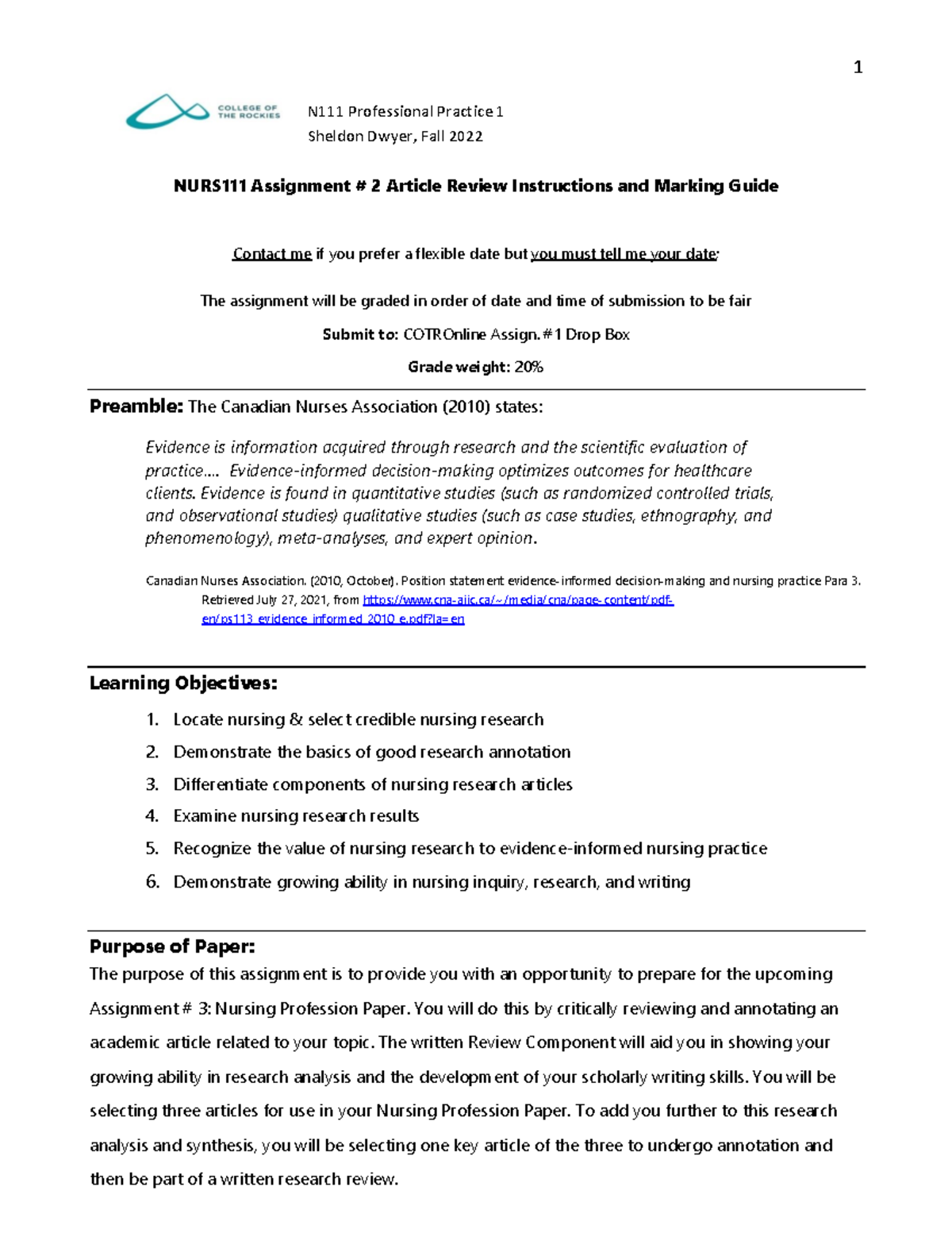 2022 N111 Assign 2 - Article Review Instructions Marking Guide ...