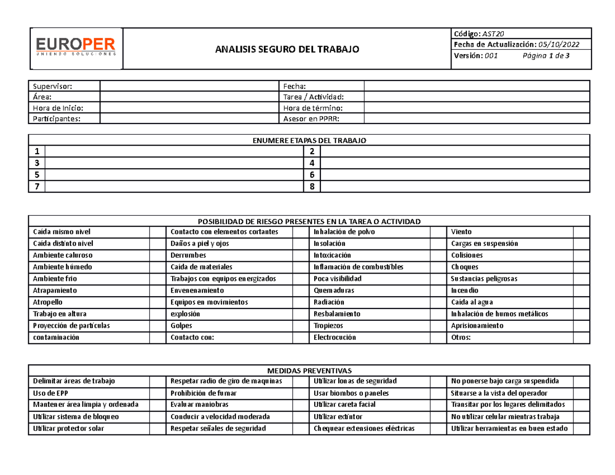 Analisis Seguro DEL Trabajo (AST20-V001) - ANALISIS SEGURO DEL TRABAJO ...