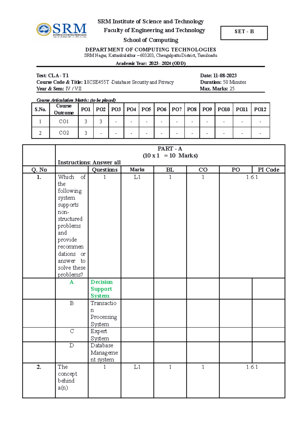 CT-1 - SET-B- Answer KEY - SRM Institute Of Science And Technology ...