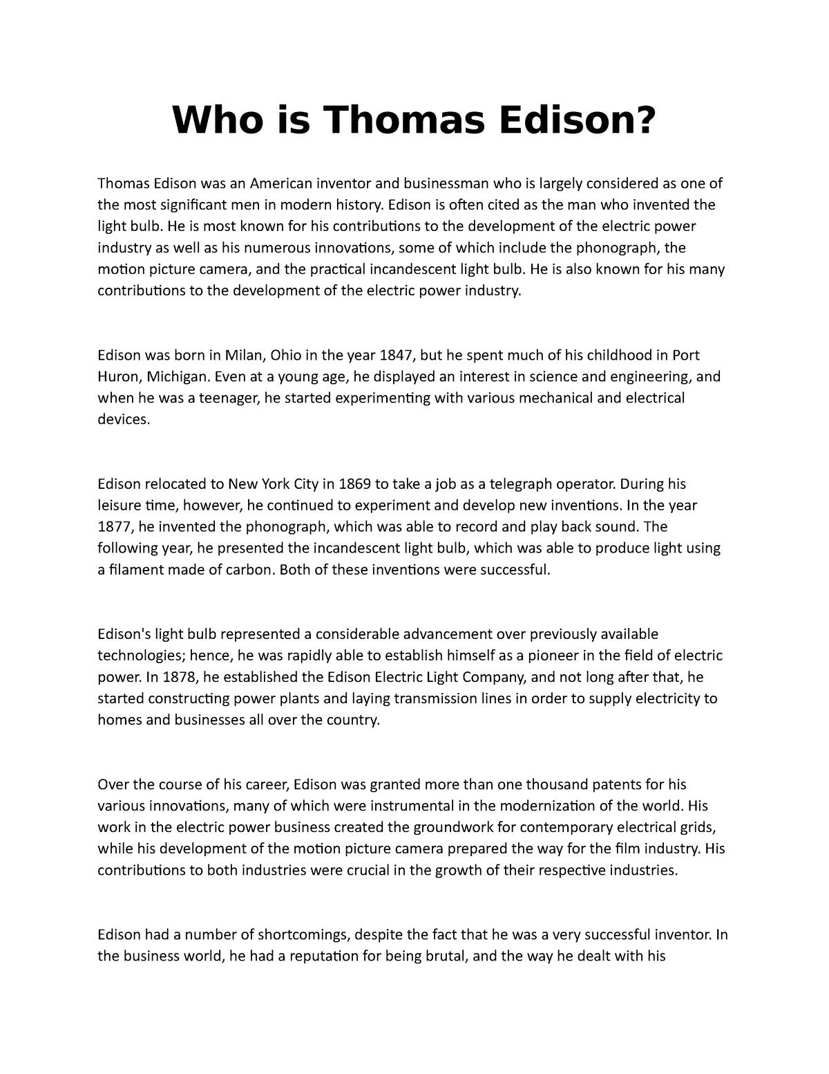 short essay on thomas edison