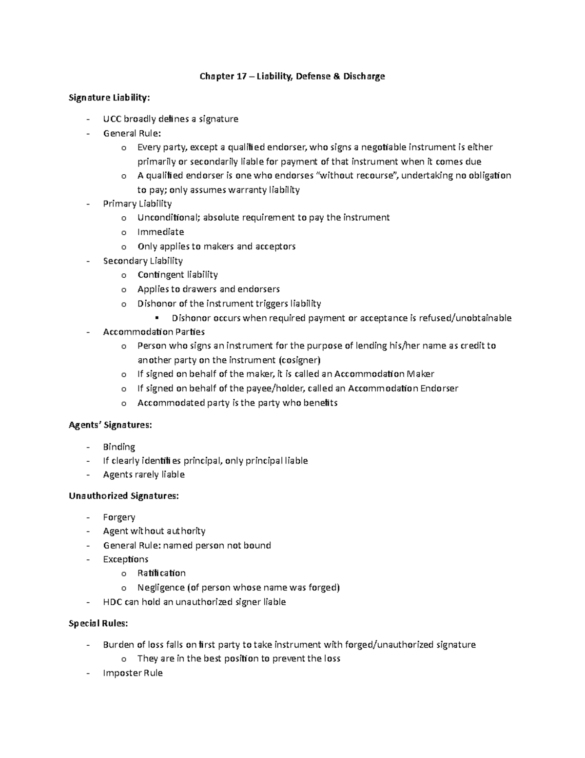 Chapter 17 Liability, Defense, and Discharge Chapter 17 Liability