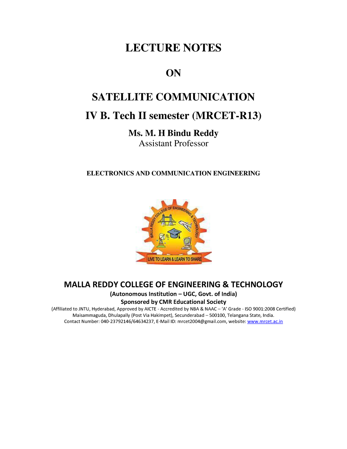 Sattelite Communications LECTURE NOTES ON SATELLITE